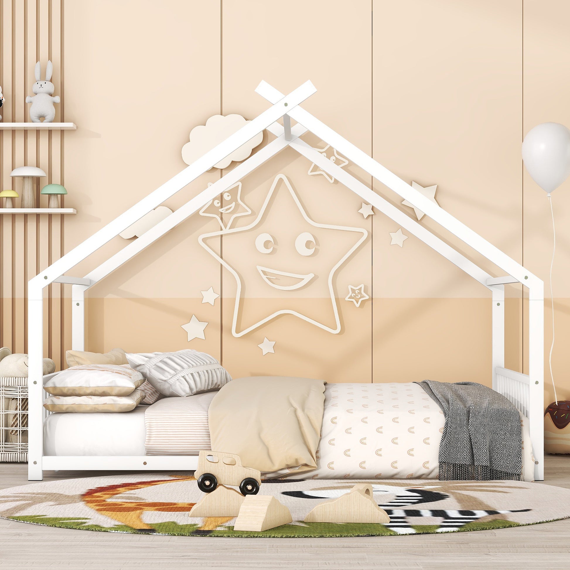 White wooden house bed frame with star decorations for childrens room