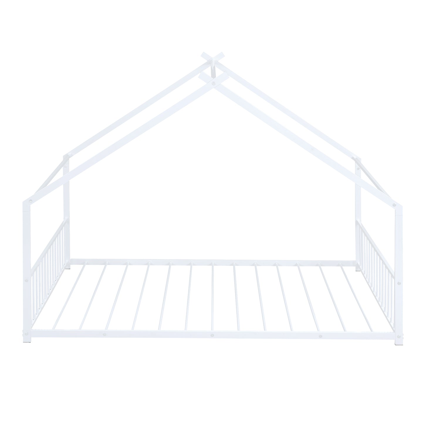 White metal house bed frame with slatted base and safety rails for kids room