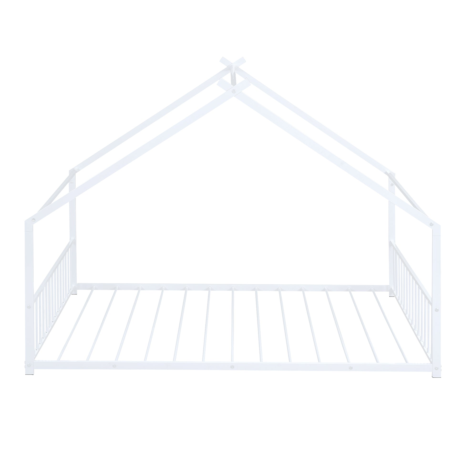 White metal house bed frame with slatted base and safety rails for kids room