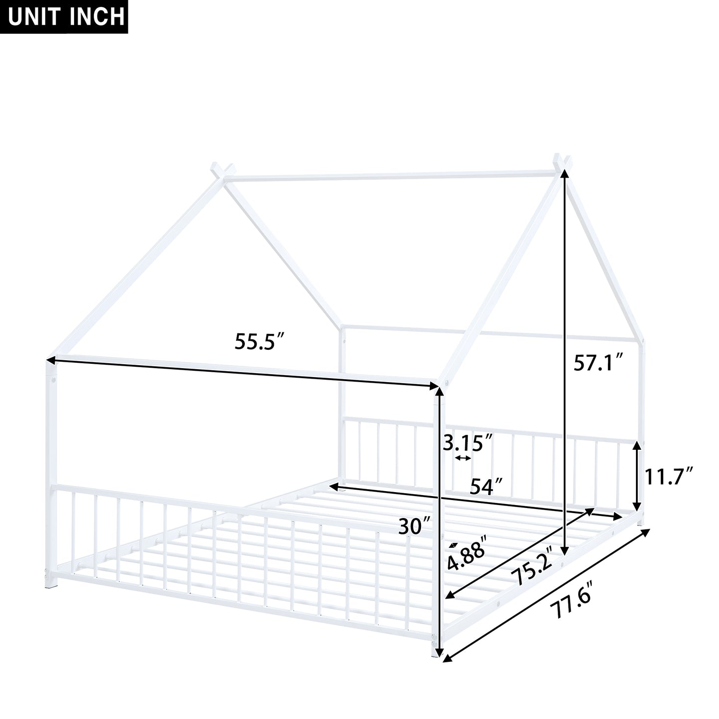 White metal twin house bed frame with dimensions labeled