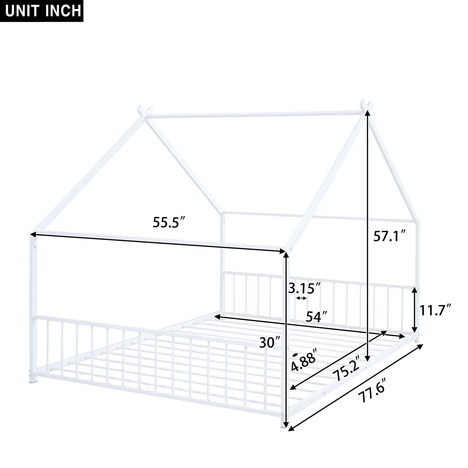 White metal twin house bed frame with dimensions labeled