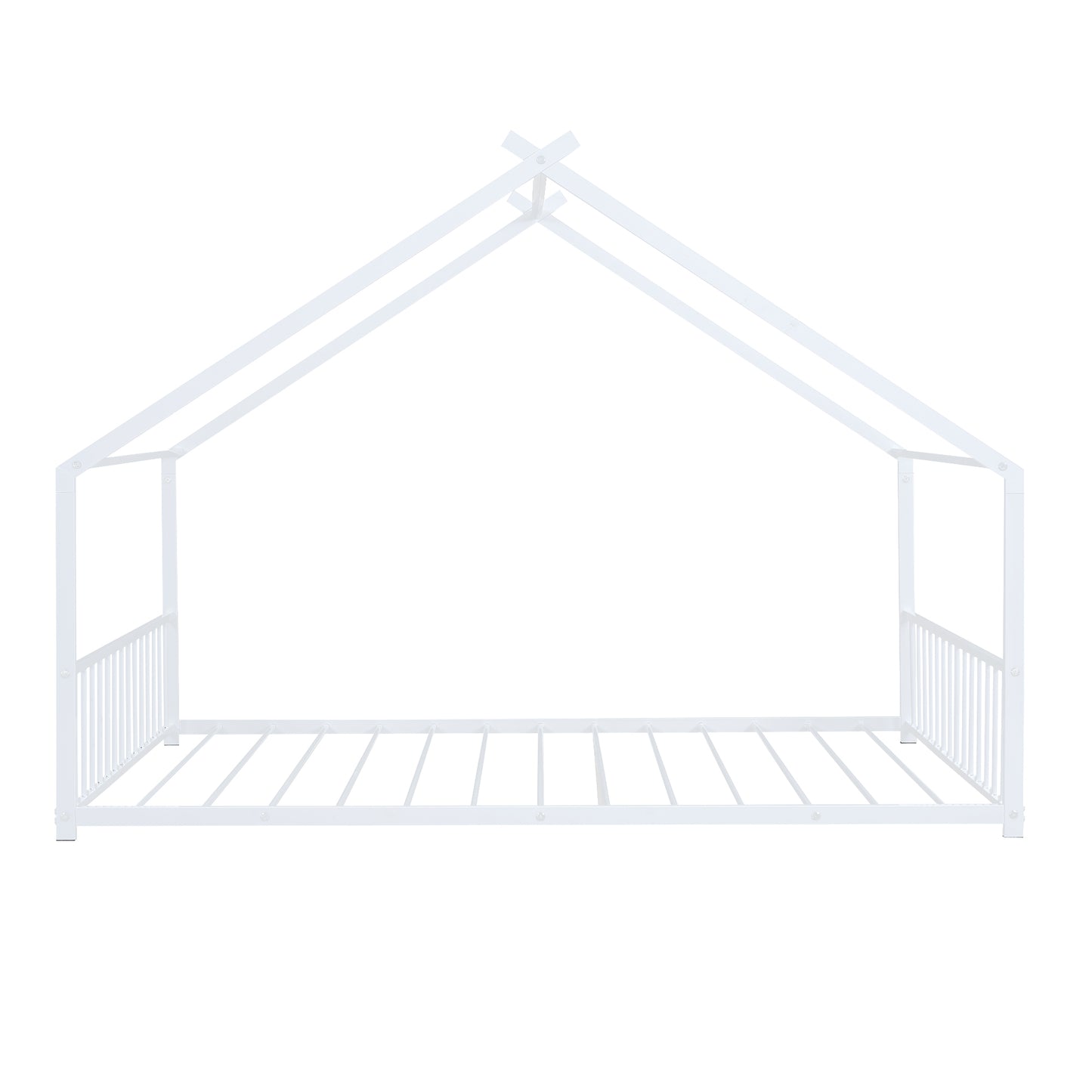 White metal toddler bed frame with a houseshaped canopy