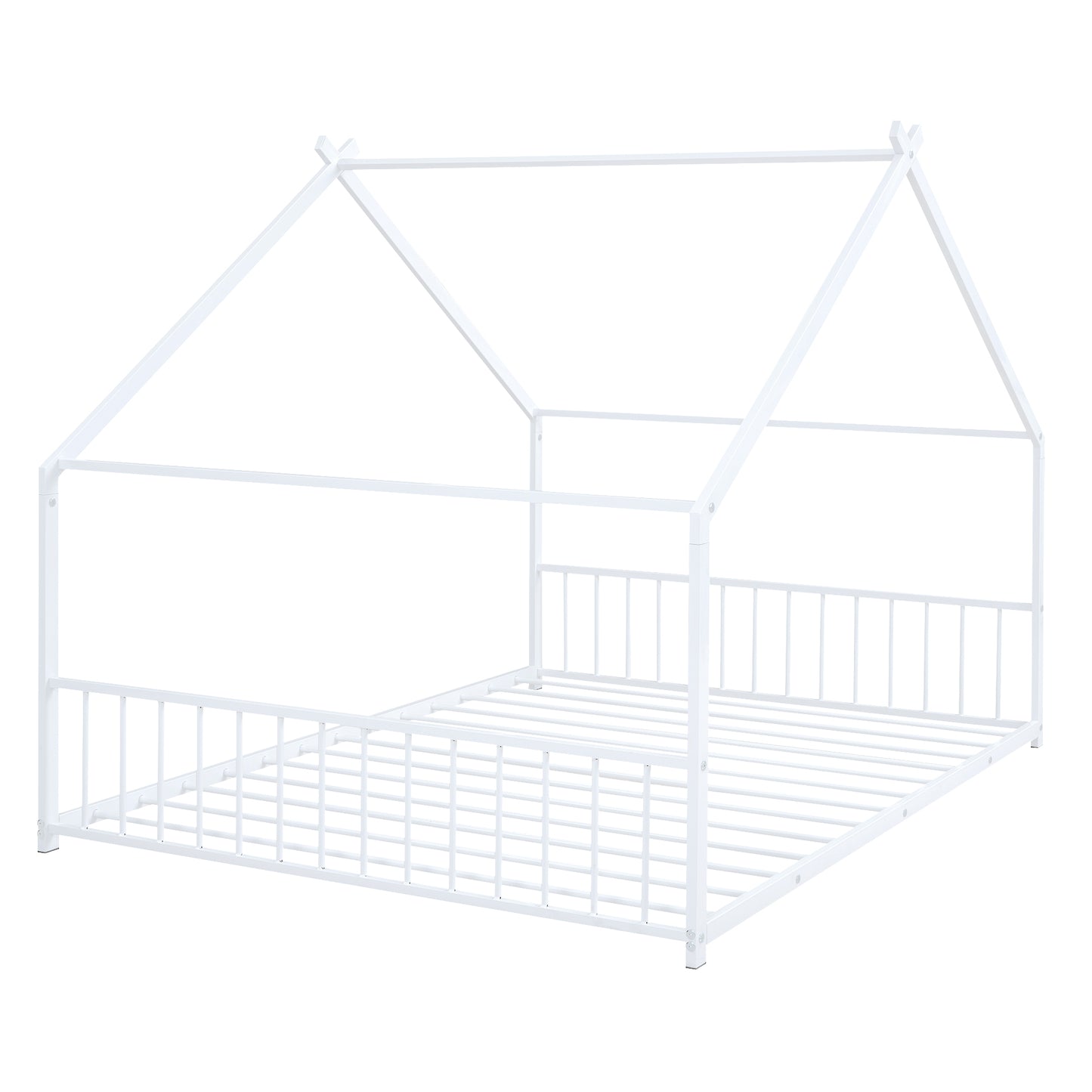 White metal house bed frame with a modern minimalist design and safety rails