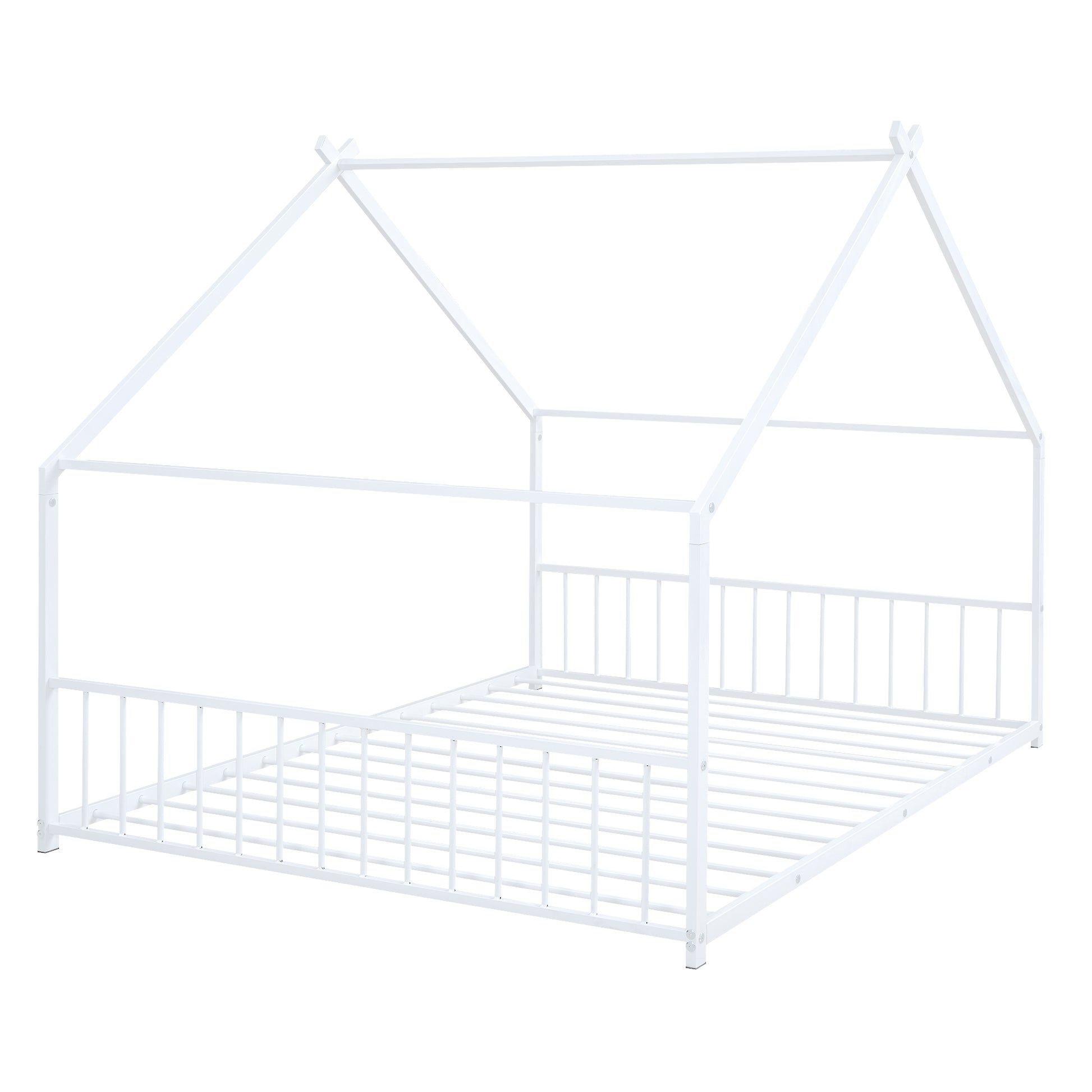 White metal house bed frame with a modern minimalist design and safety rails