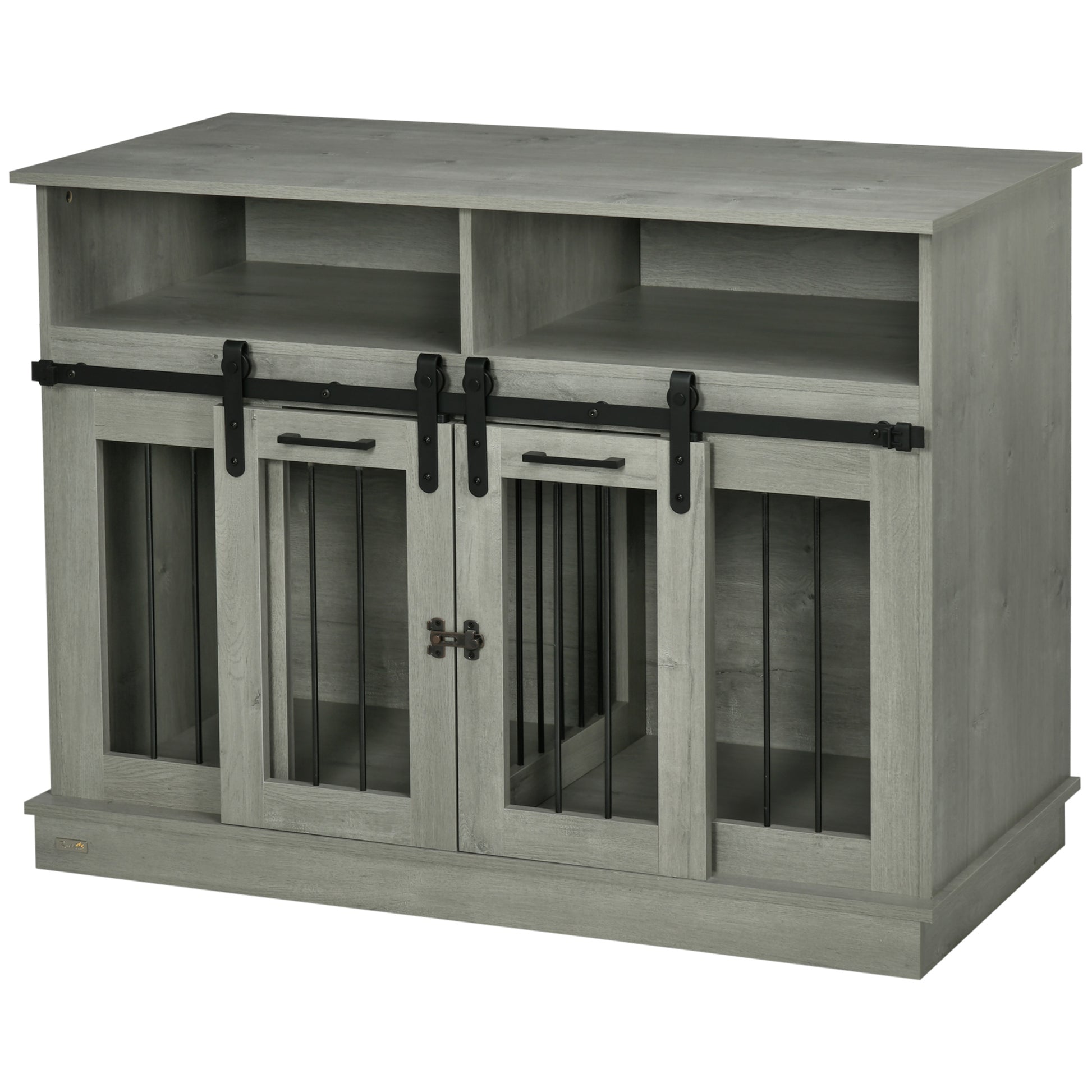 Grey wooden dog crate furniture with sliding barn doors and open shelving above