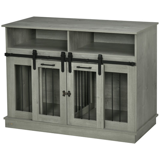 Grey wooden dog crate furniture with sliding barn doors and open shelving above