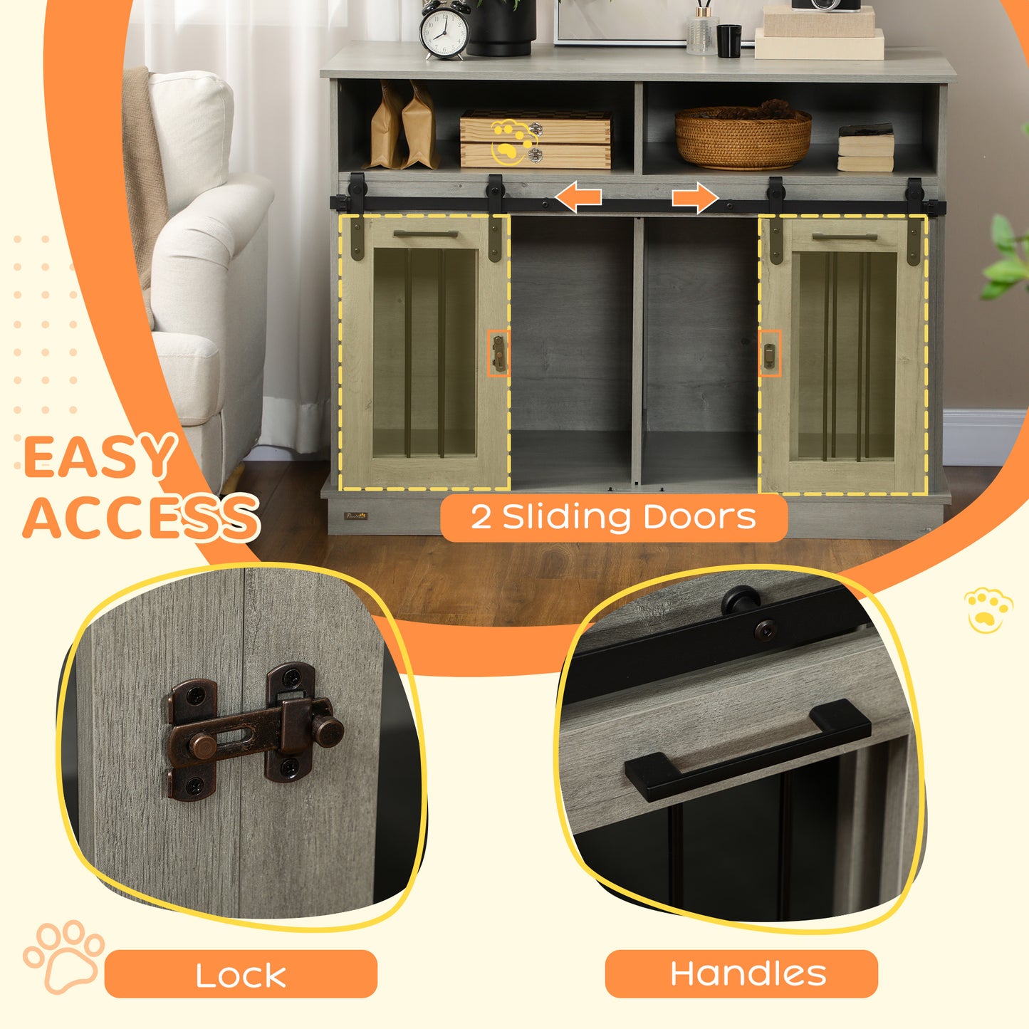 Rustic gray wood cabinet with two sliding barn doors and glass inserts