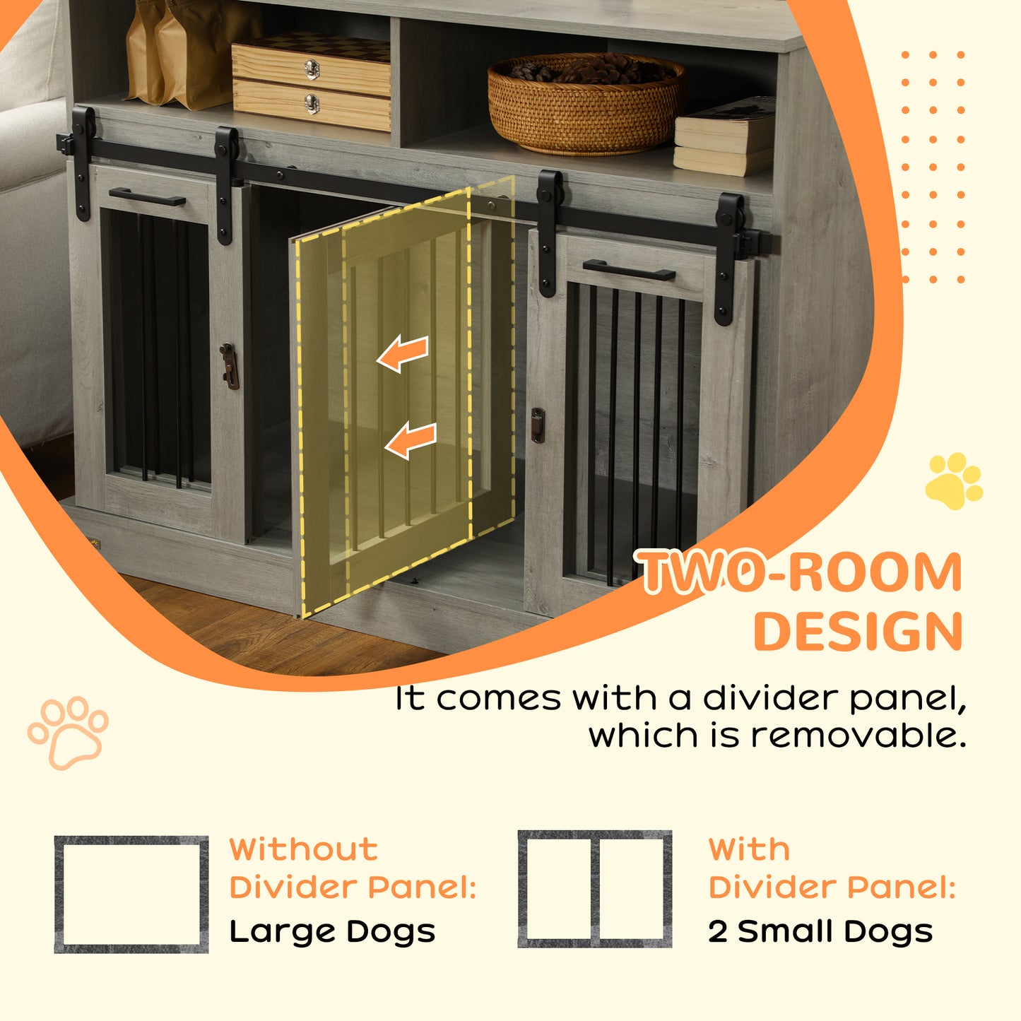 Rustic grey wood pet crate furniture with two sliding barn doors and removable divider