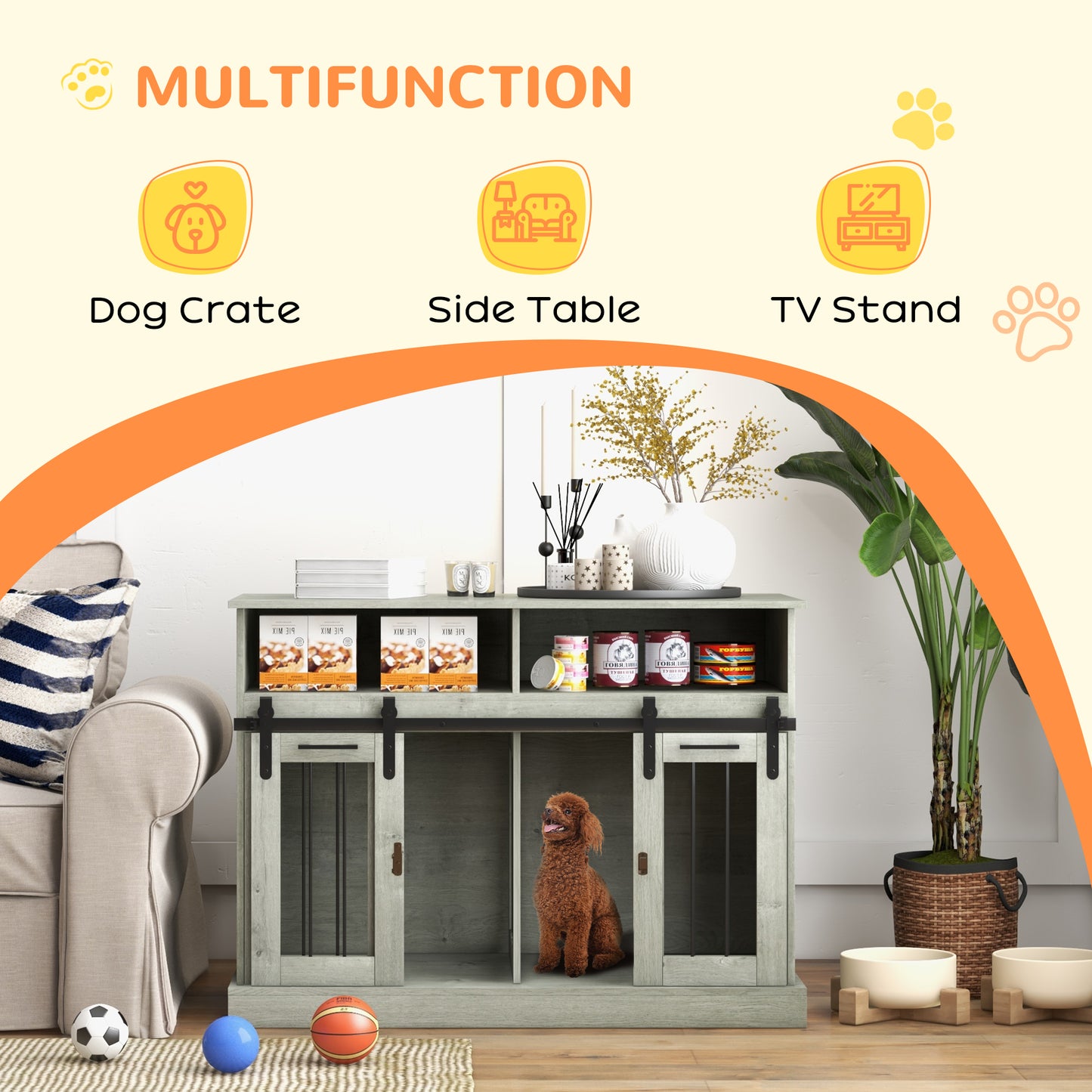 Gray wooden dog crate with two compartments and sliding barn doors
