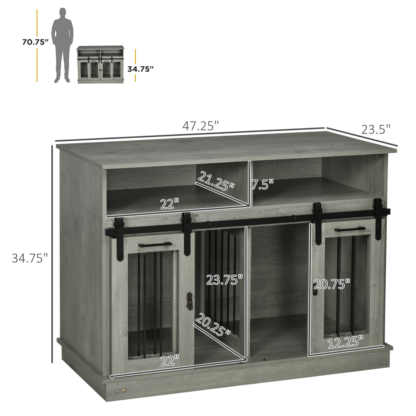 Grey wooden double dog crate furniture with sliding barn doors and shelving space