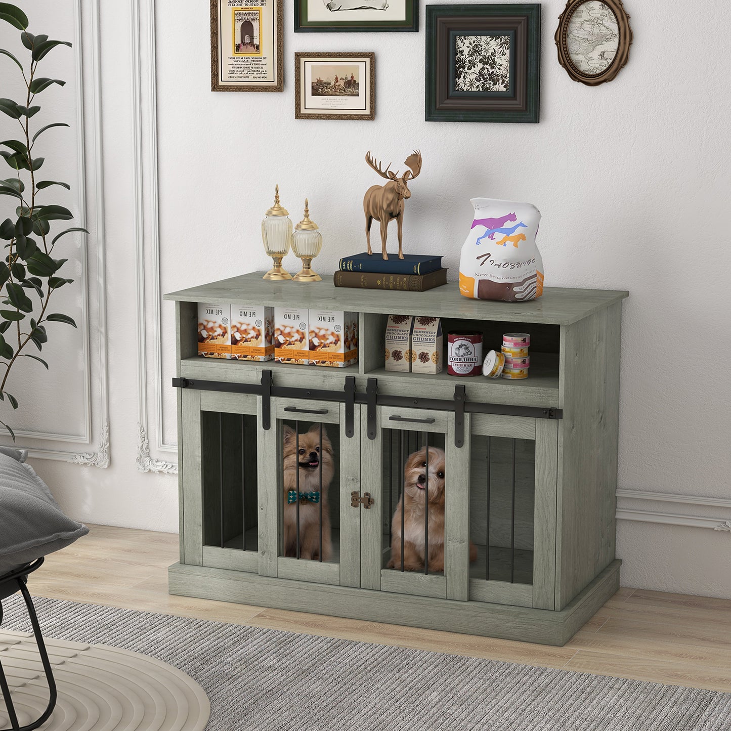 Gray wooden dog crate furniture with sliding barn doors and top storage shelf
