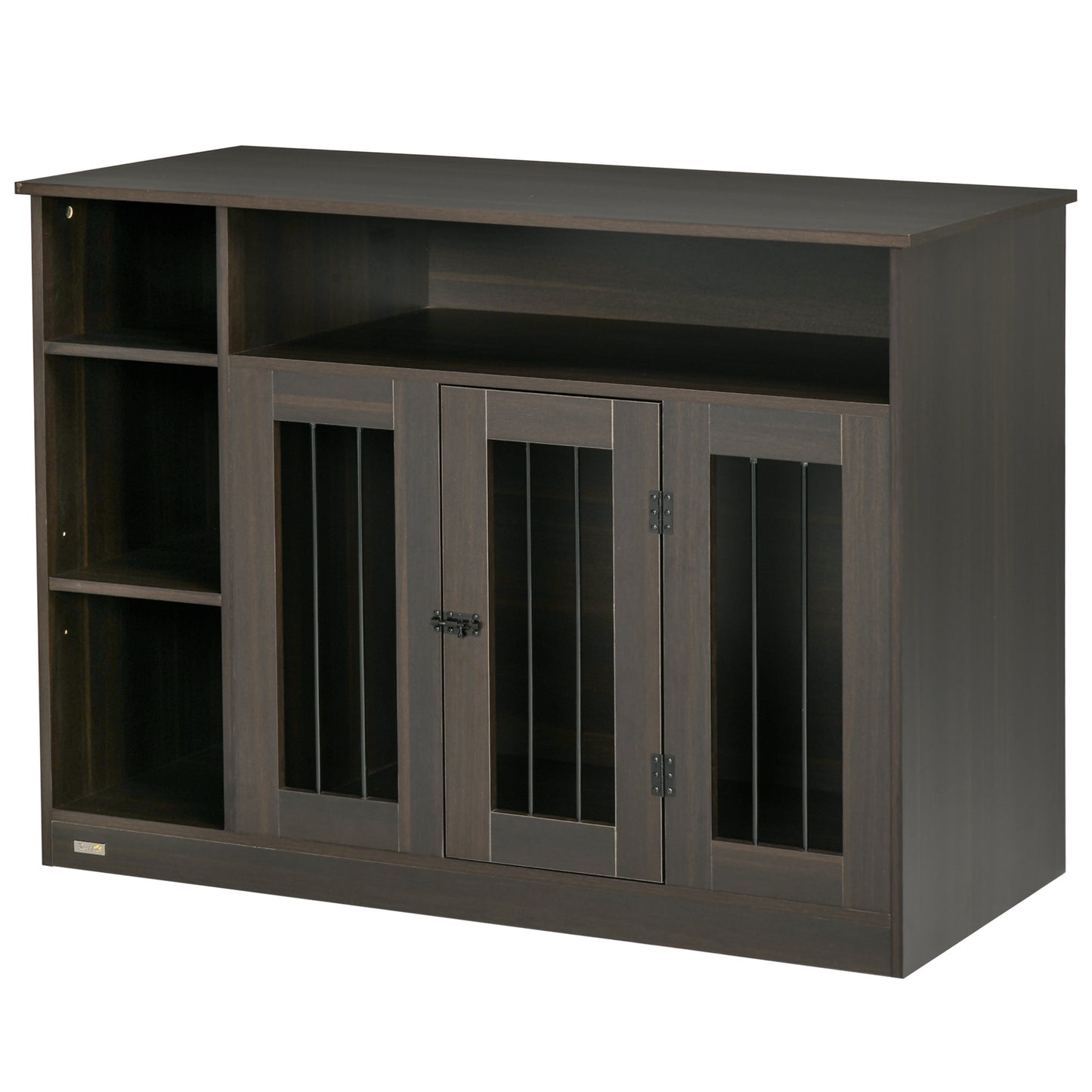 Dark wood pet crate furniture with adjustable shelves and caged doors