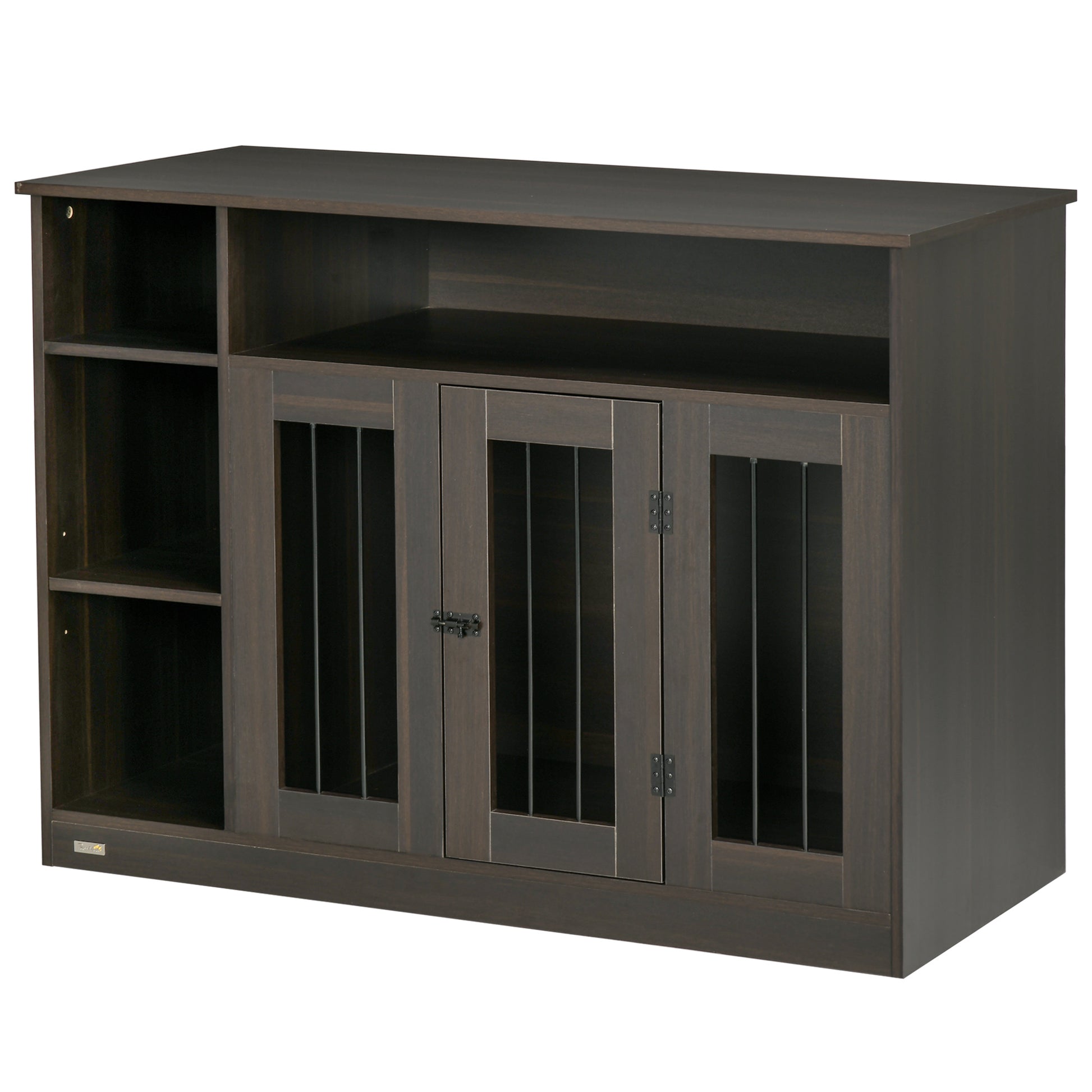 Dark wood pet crate furniture with adjustable shelves and caged doors