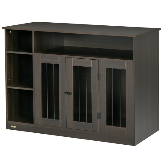 Dark wood pet crate furniture with adjustable shelves and caged doors