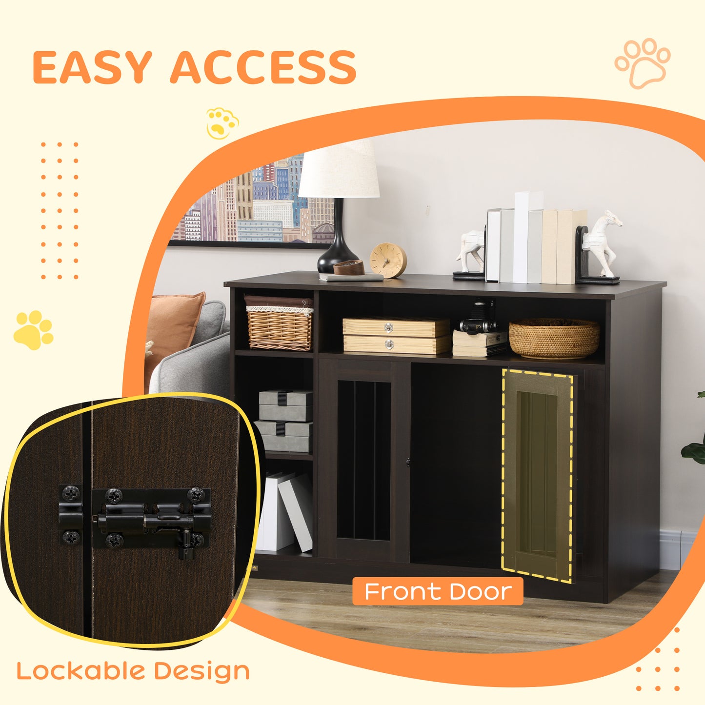 Dark brown wooden cabinet with lockable front door and interior shelving