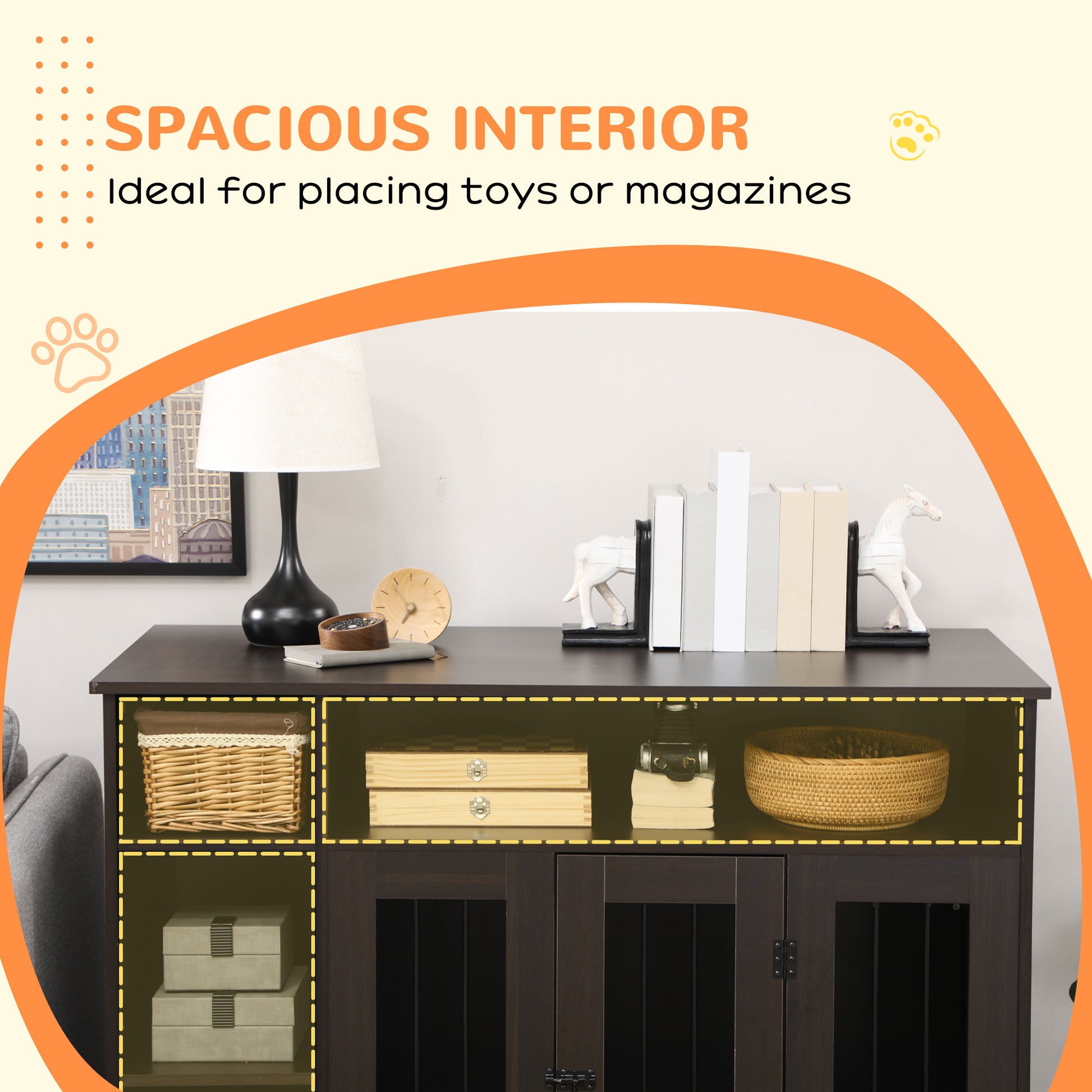 Dark wood media console with glass cabinet doors and open shelving for storage