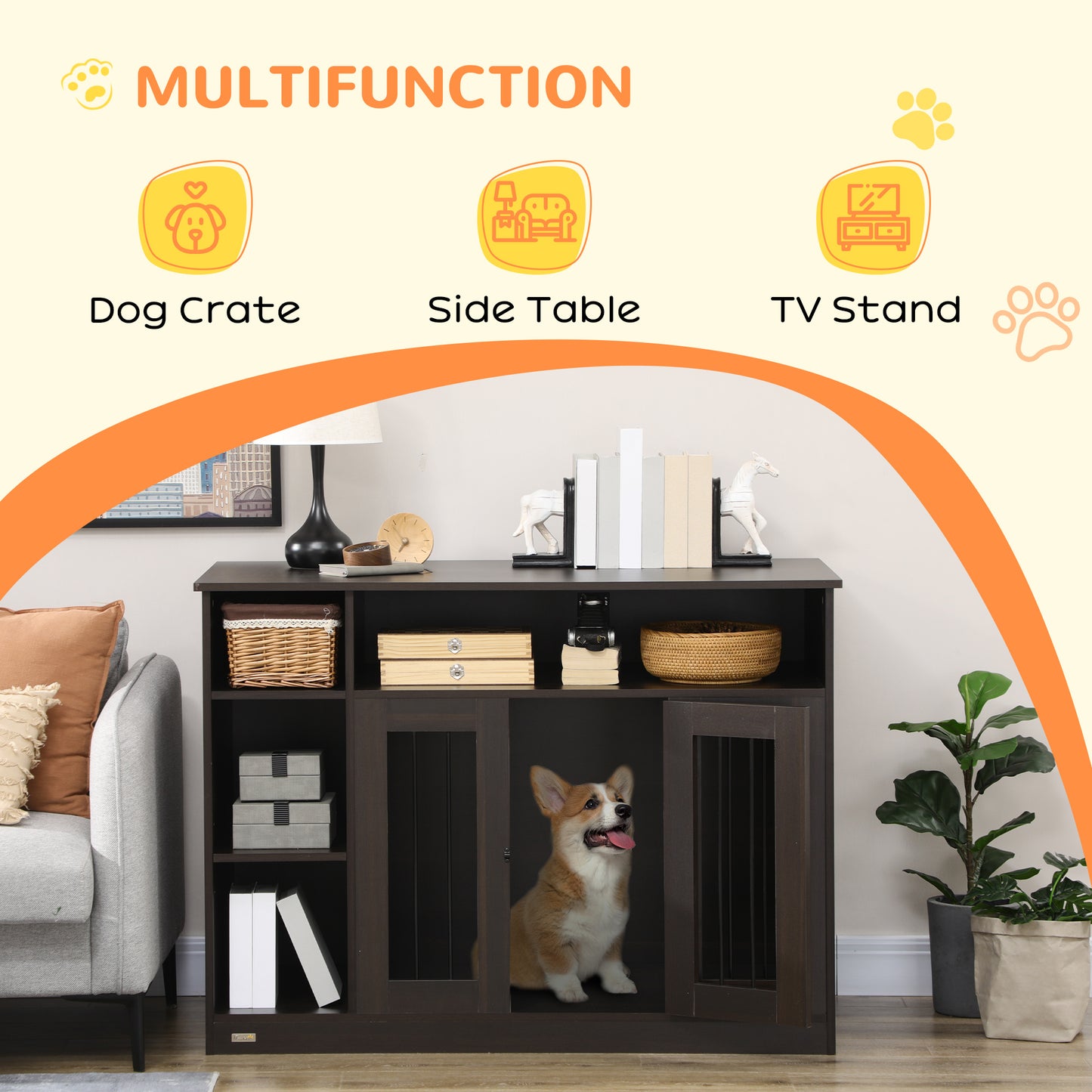 Dark wood multifunctional furniture with a dog crate opening and a corgi puppy inside
