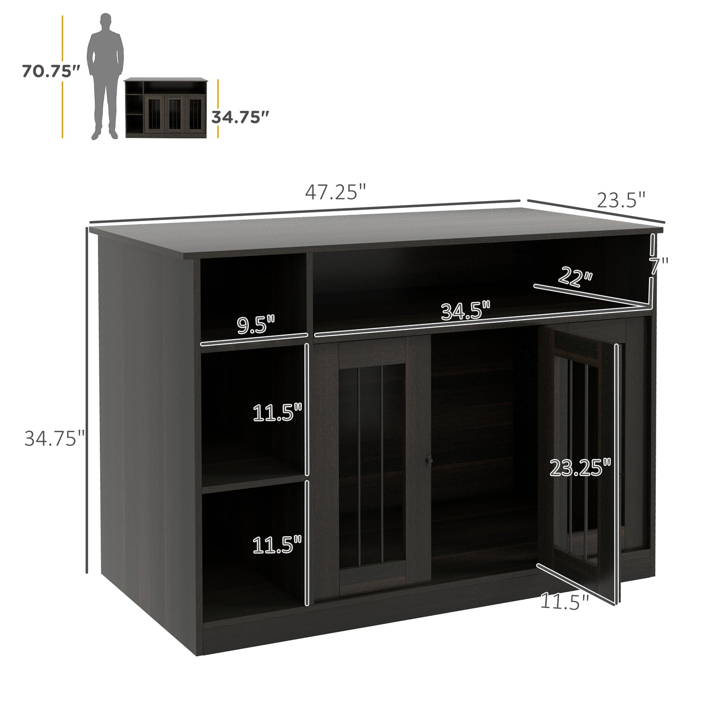 Dark brown media console with glasspaneled doors and open shelving