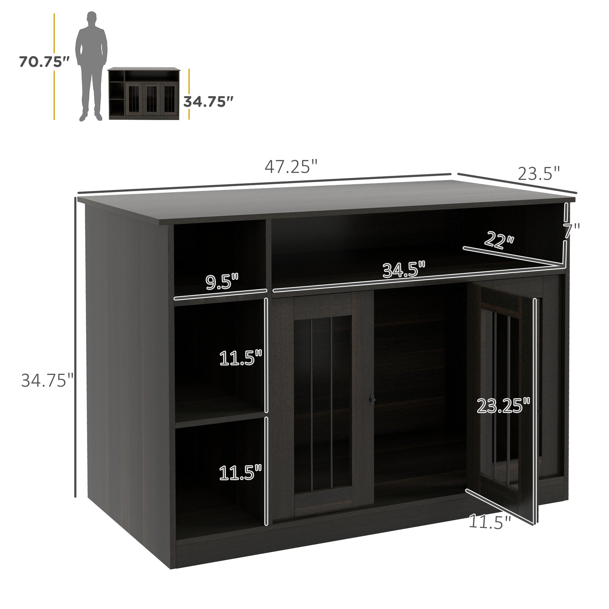 Dark brown media console with glasspaneled doors and open shelving