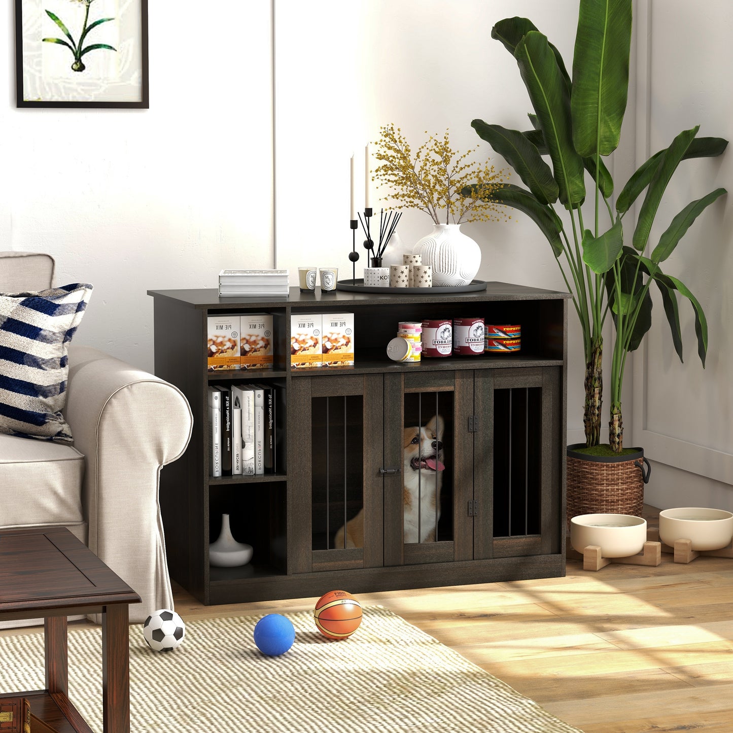 Dark wood dog crate furniture with dual compartments housing a happy corgi inside