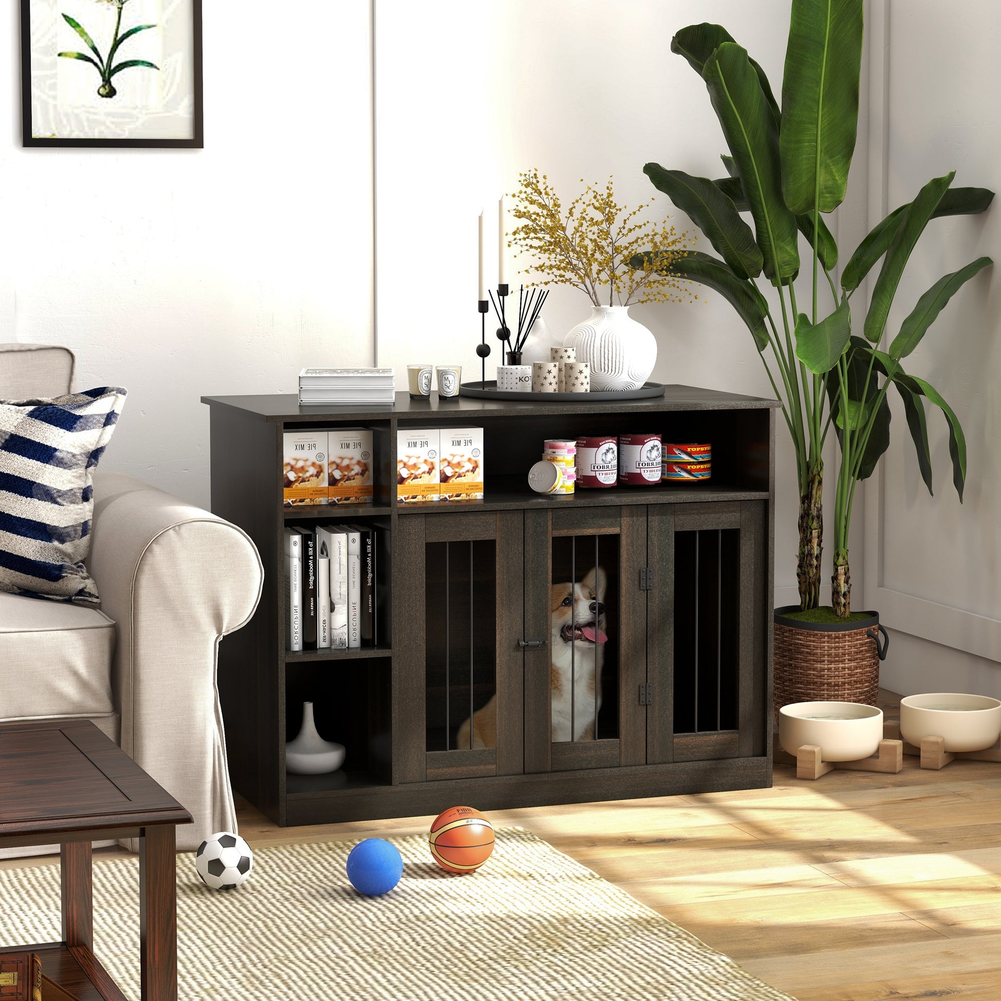 Dark wood dog crate furniture with dual compartments housing a happy corgi inside