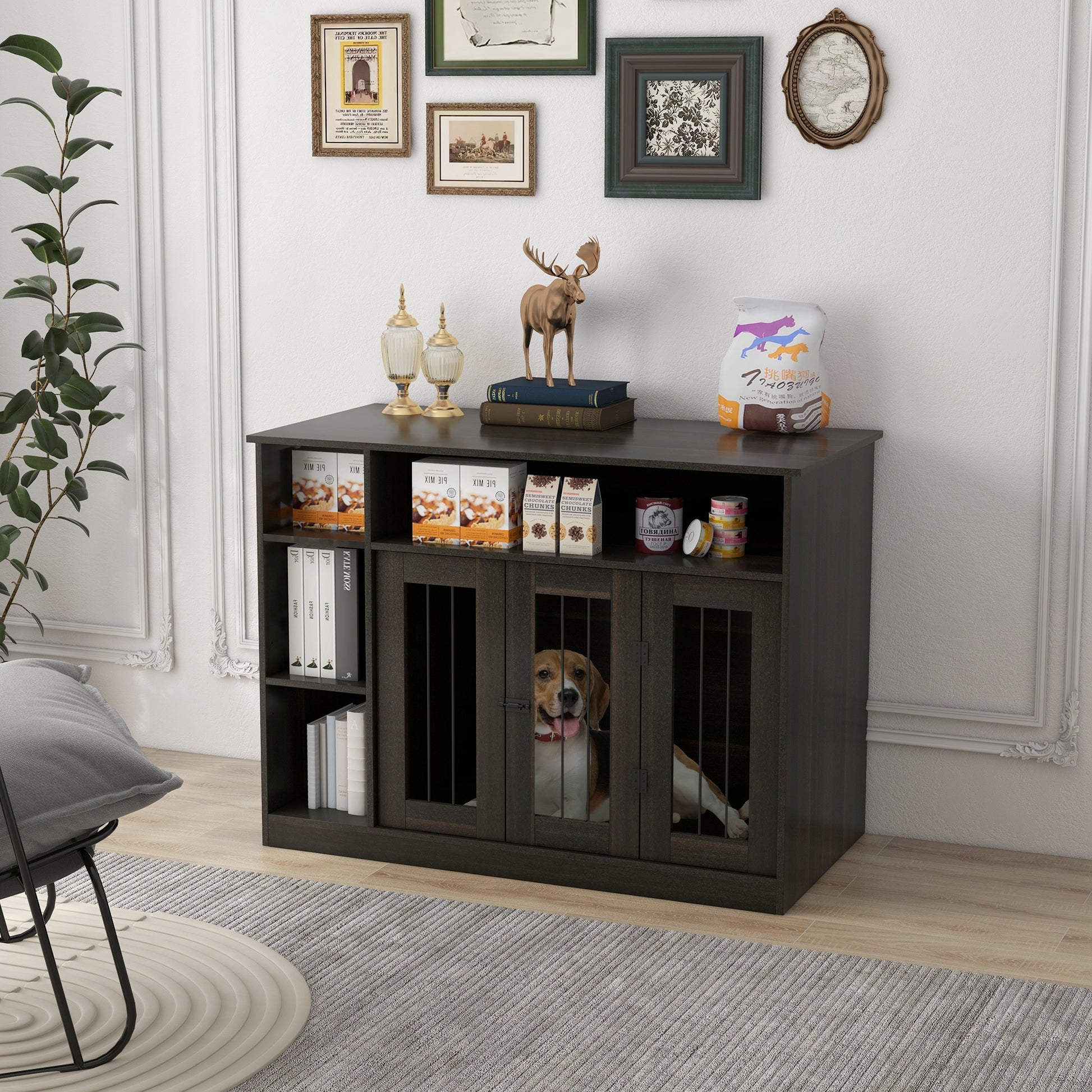 Dark wood dog crate furniture with wire doors housing a beagle and storing pet food