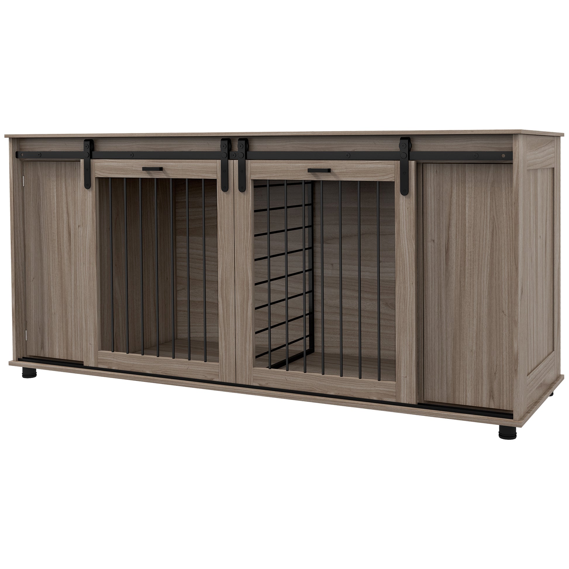Twodoor wooden dog crate furniture with sliding barn doors and black metal bars