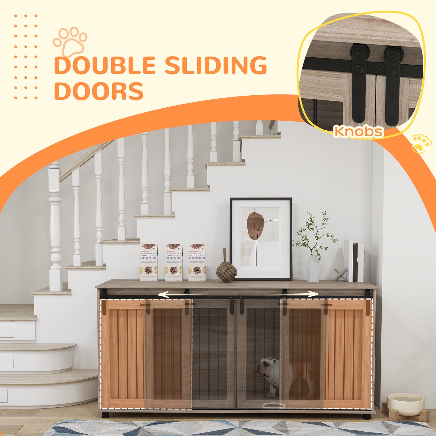Wooden dog crate with double sliding doors contemporary barn door style