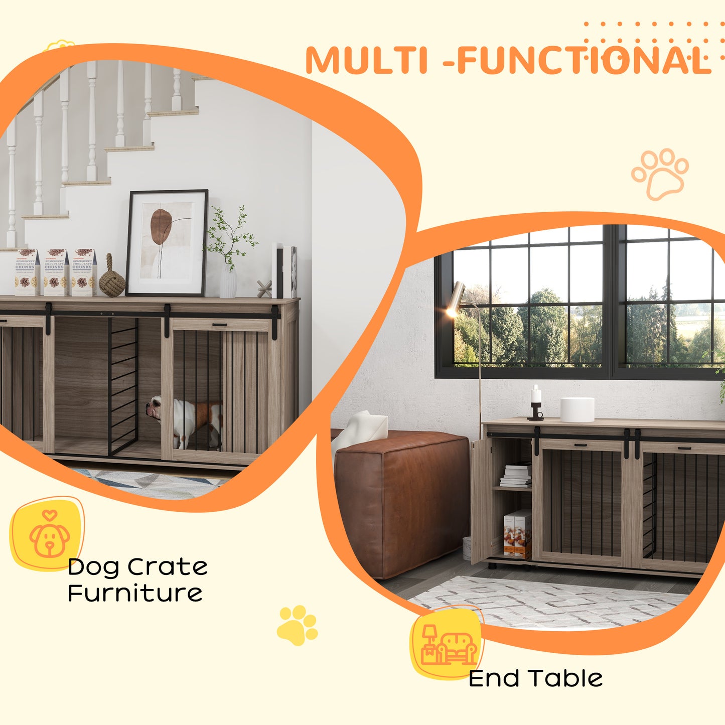 Rustic wood dog crate furniture with sliding barn doors and a builtin kennel