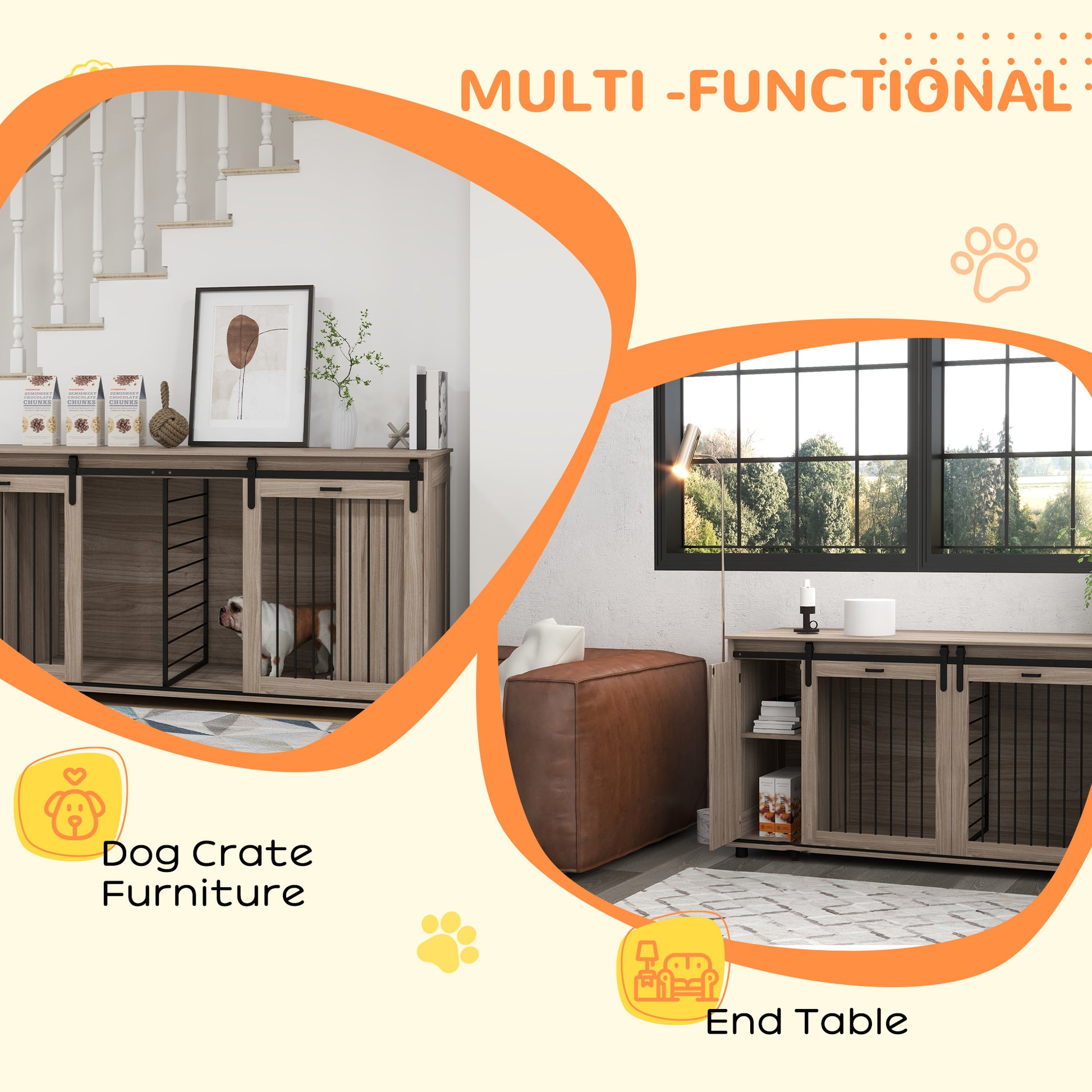Rustic wood dog crate furniture with sliding barn doors and a builtin kennel