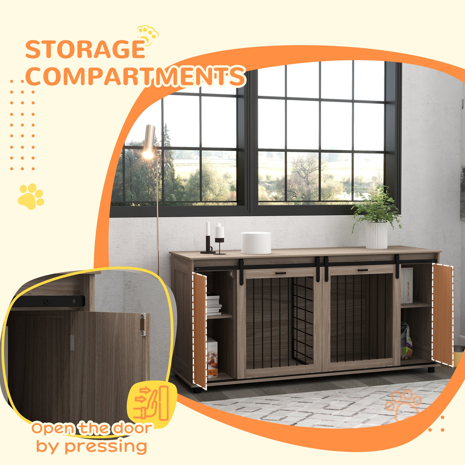 Stylish wooden dog crate furniture with two compartments and integrated storage shelves