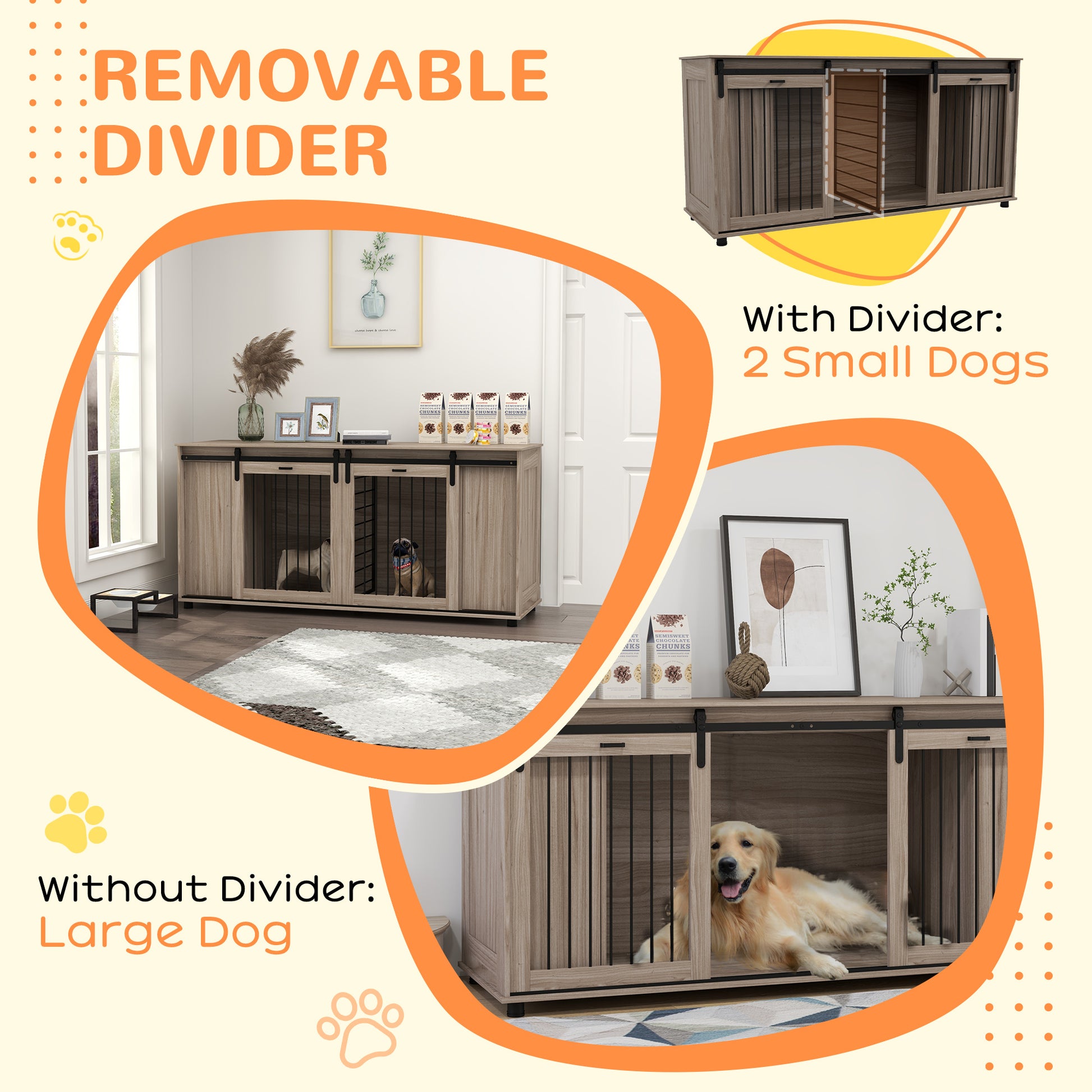 Wooden dog crate with removable divider fits two small dogs comfortably