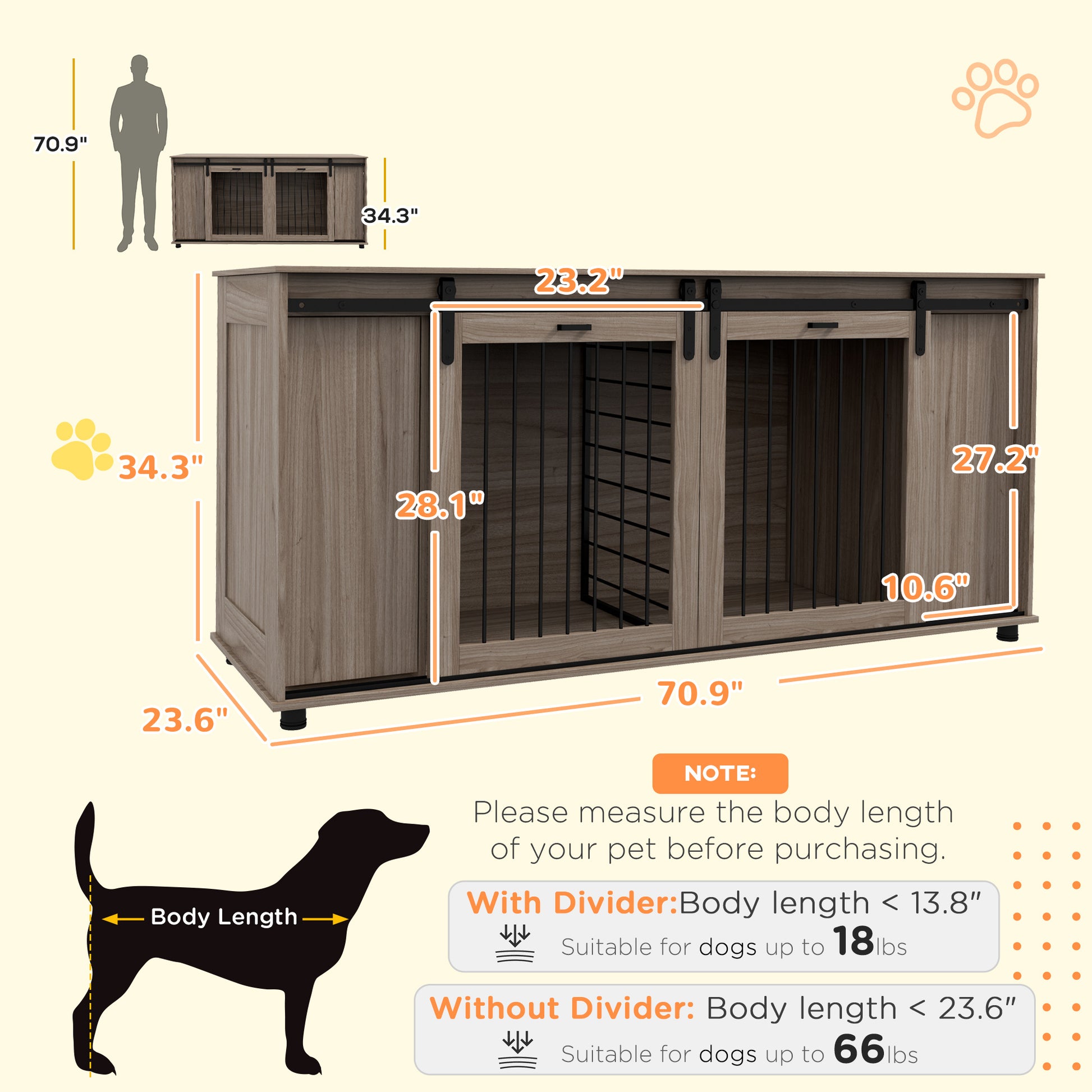 Wooden double dog crate kennel with sliding barn doors and metal bars