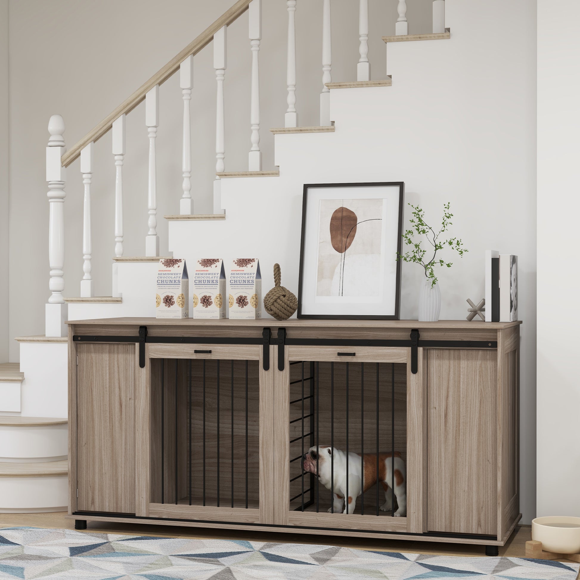 Wooden double dog crate with sliding doors and a white bulldog inside