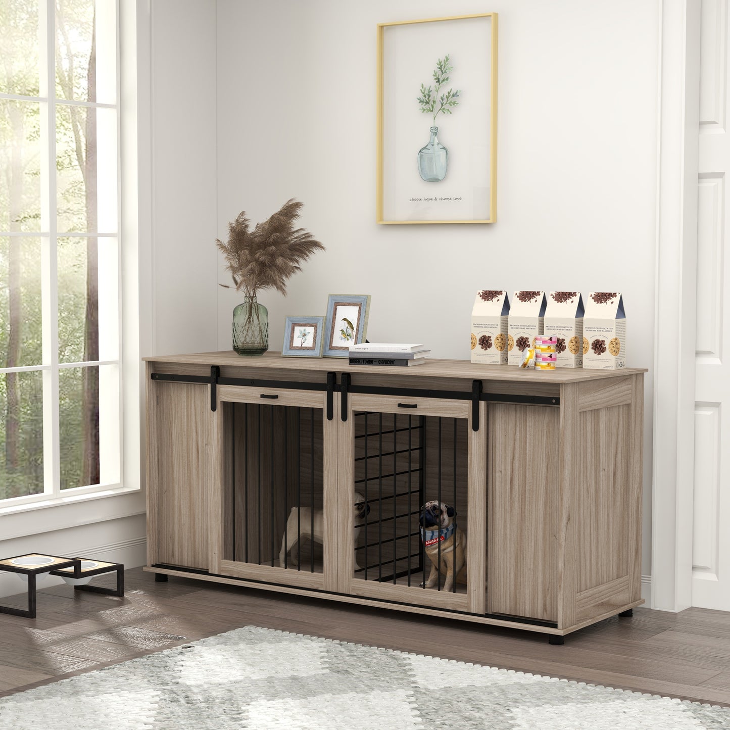 Rustic wood dog crate furniture with two compartments and sliding barn doors holding two pugs