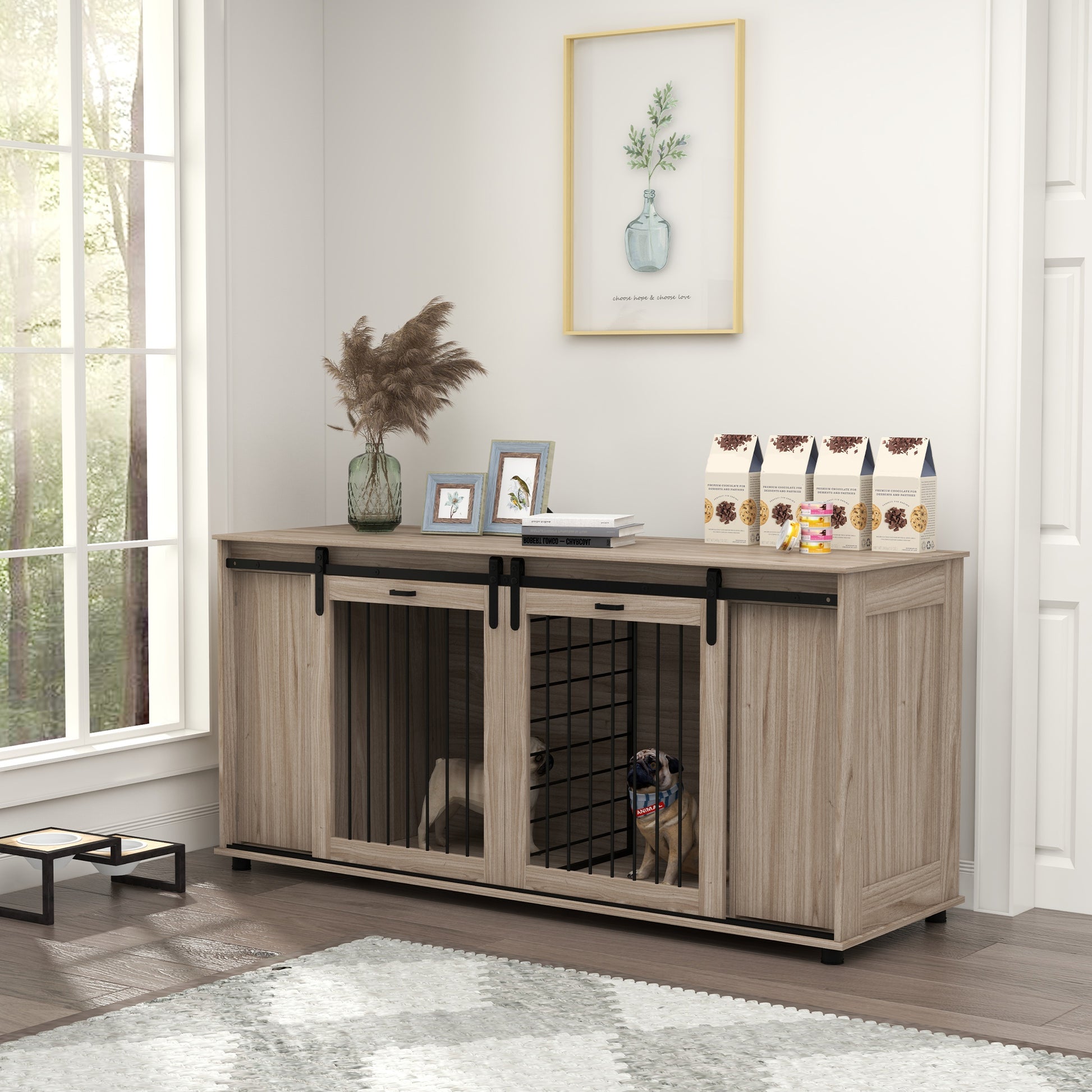 Rustic wood dog crate furniture with two compartments and sliding barn doors holding two pugs