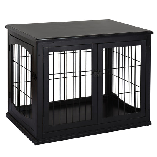 Stylish black wooden dog crate with dual doors and a sturdy metal grate