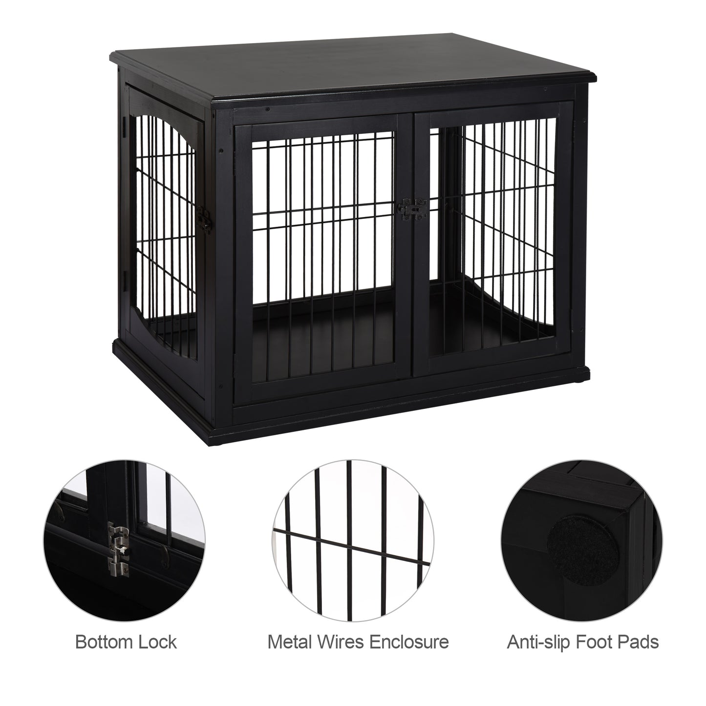 Black wooden dog crate with double door and metal wire enclosure