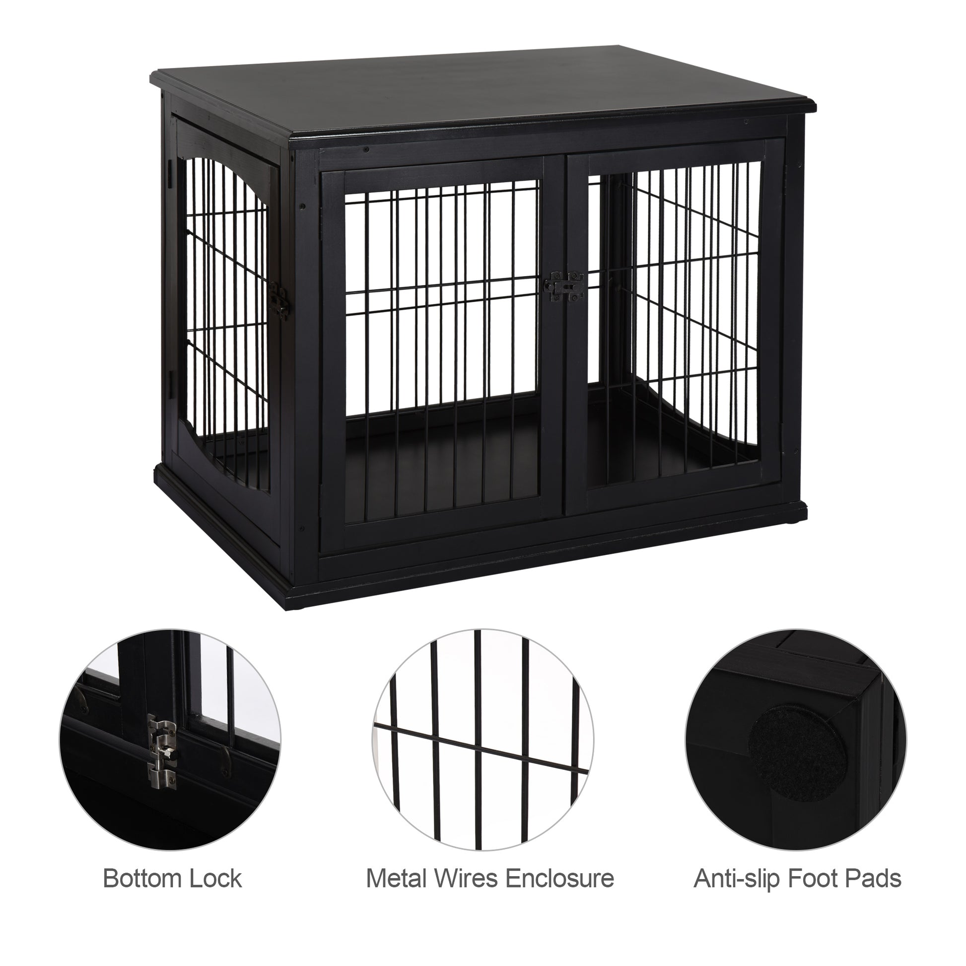 Black wooden dog crate with double door and metal wire enclosure
