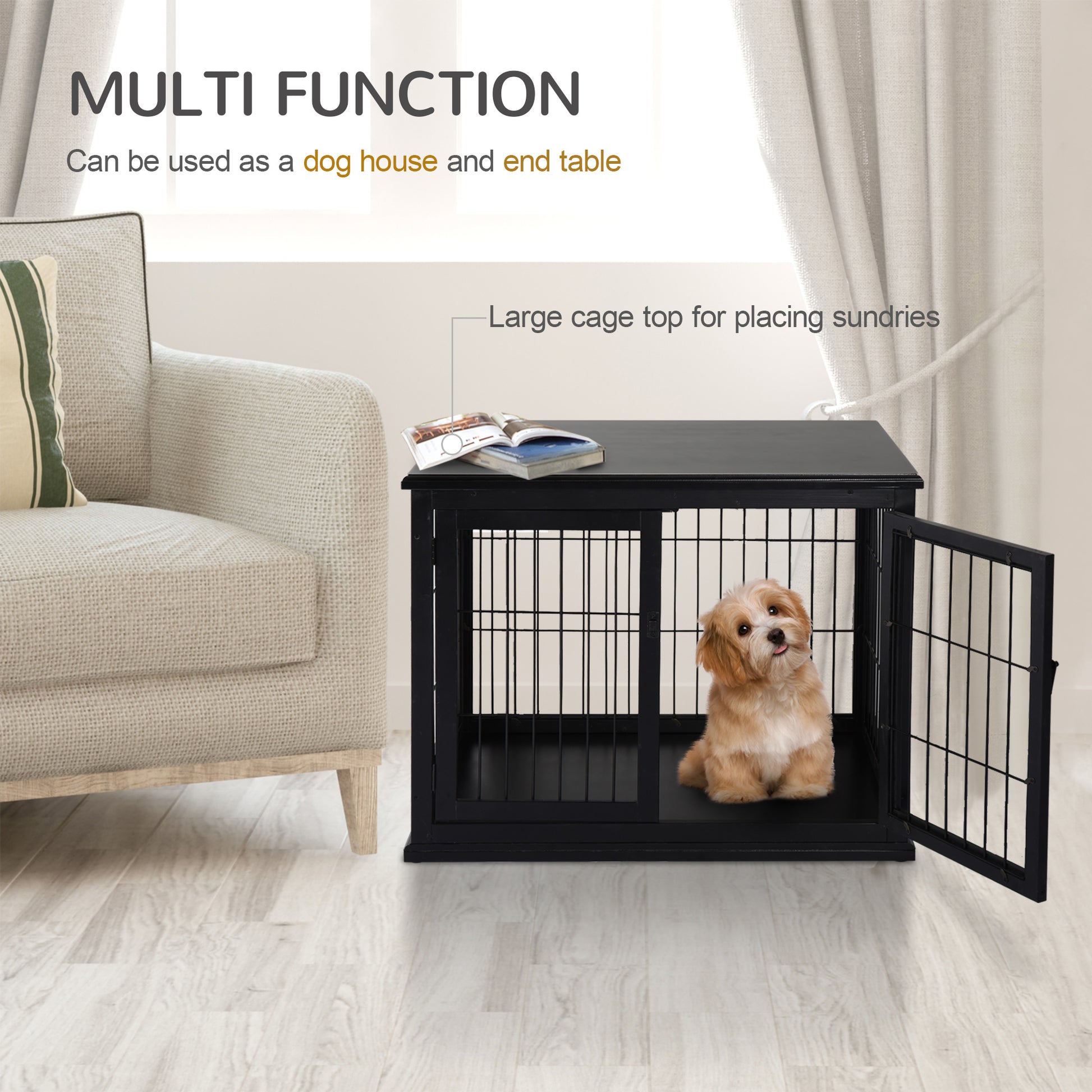 Black wooden dog house with an open door and a small dog inside