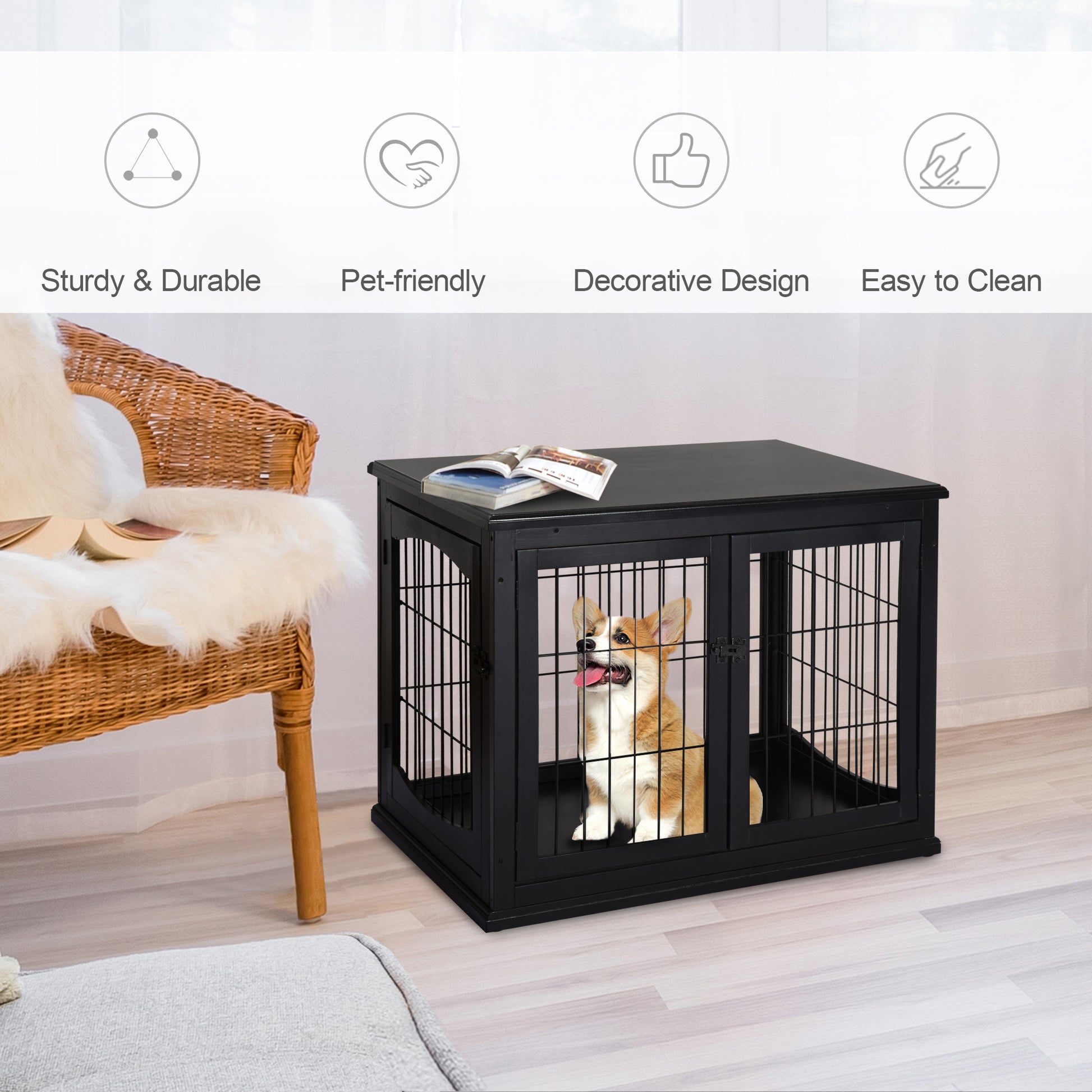 Black wooden dog crate with a corgi inside featuring a decorative design