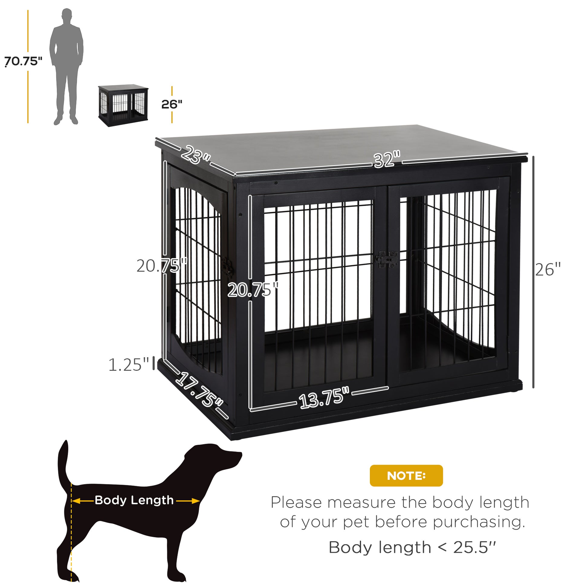 Black wooden dog crate with double doors and metal bars dimensions  x  x