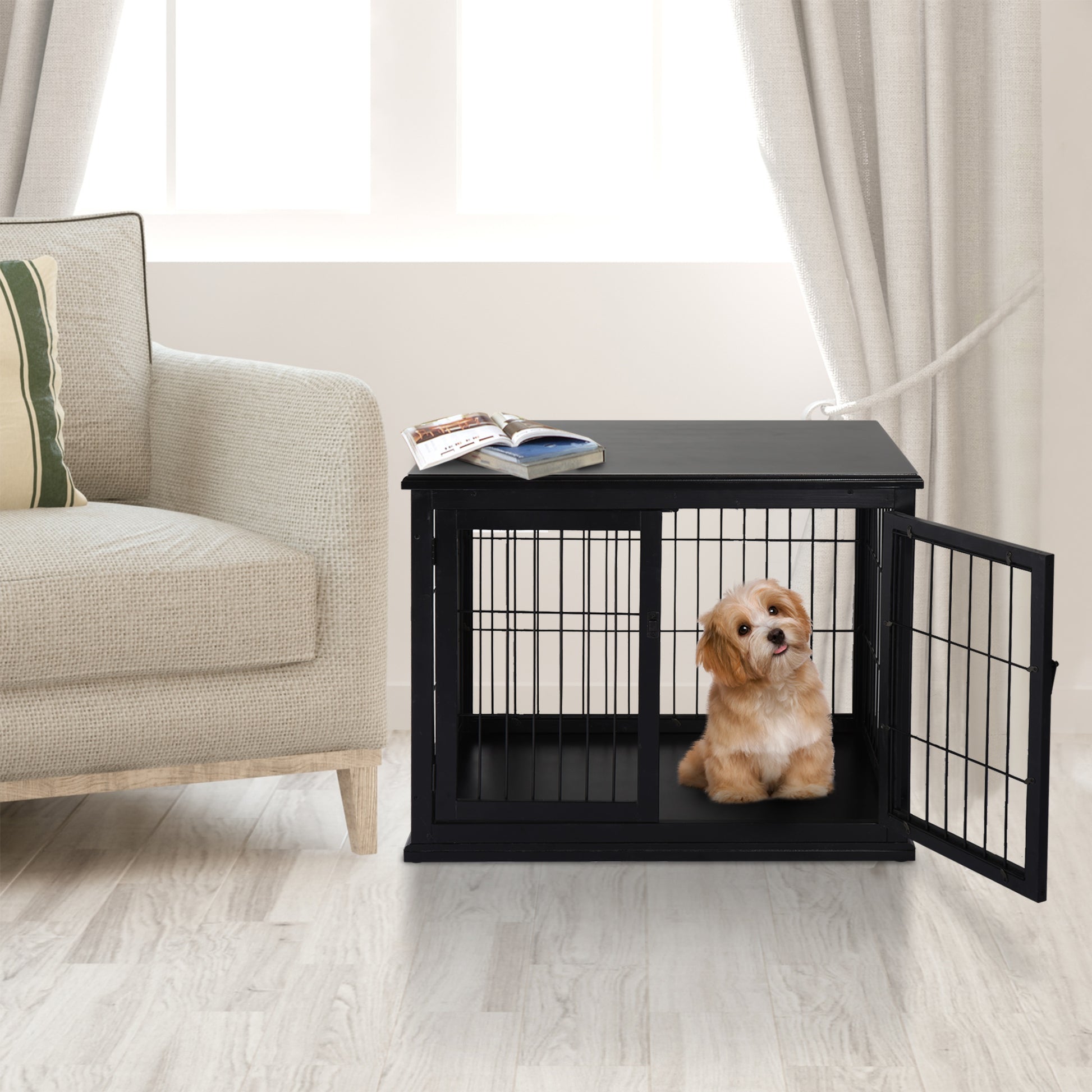Black wooden dog crate with open door and a small dog inside acting as a side table