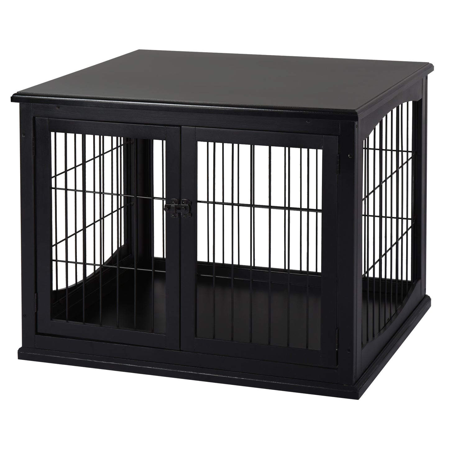 Black wooden dog crate with double doors and metal bars suitable for medium dogs