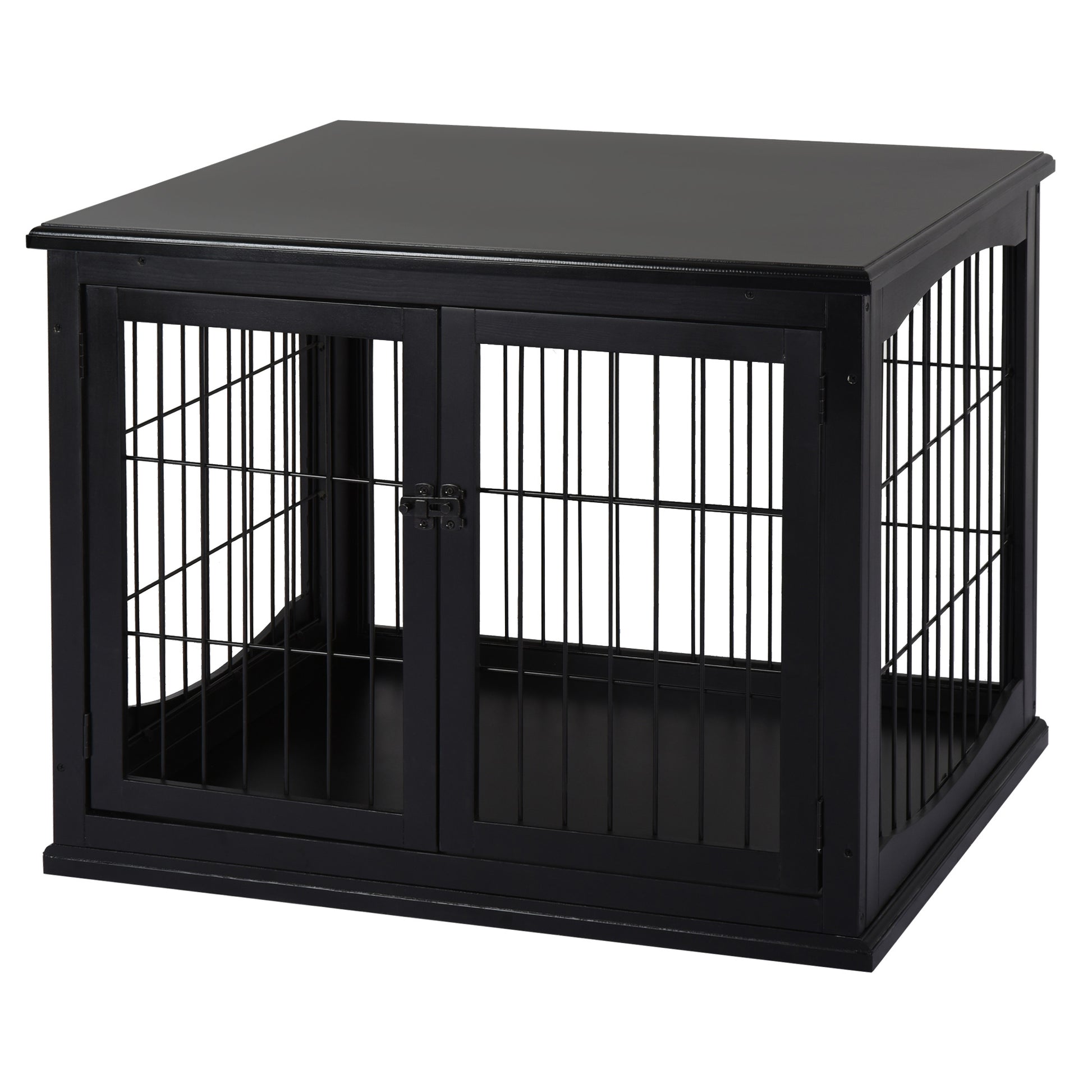 Black wooden dog crate with double doors and metal bars suitable for medium dogs