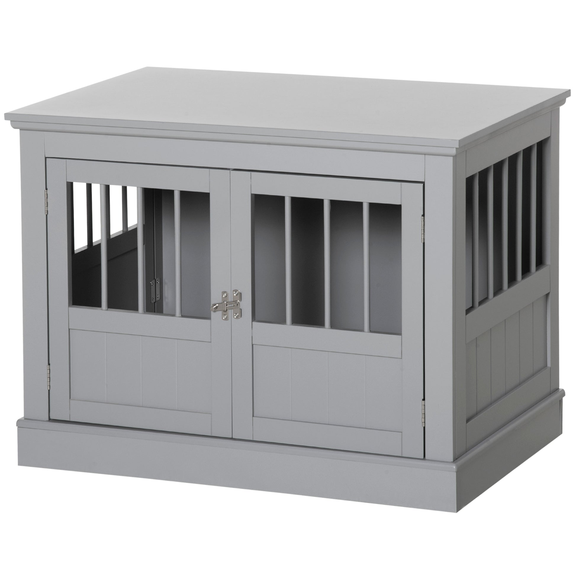 Gray wooden dog crate with double doors and slatted sides