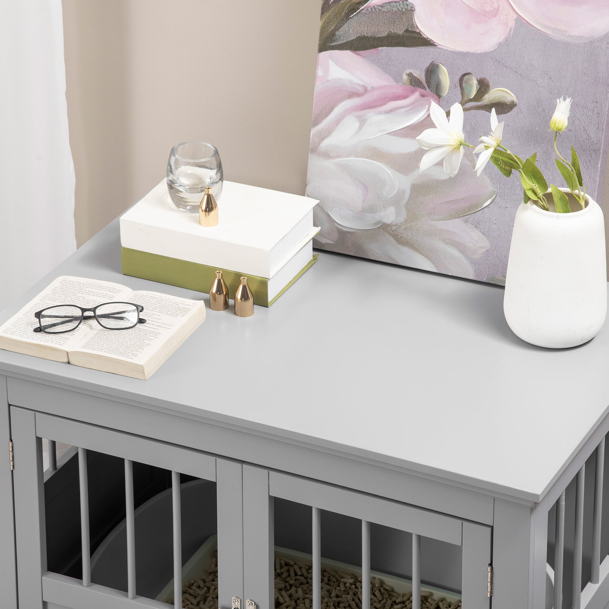 Gray modern cat litter box enclosure with double doors and ventilation