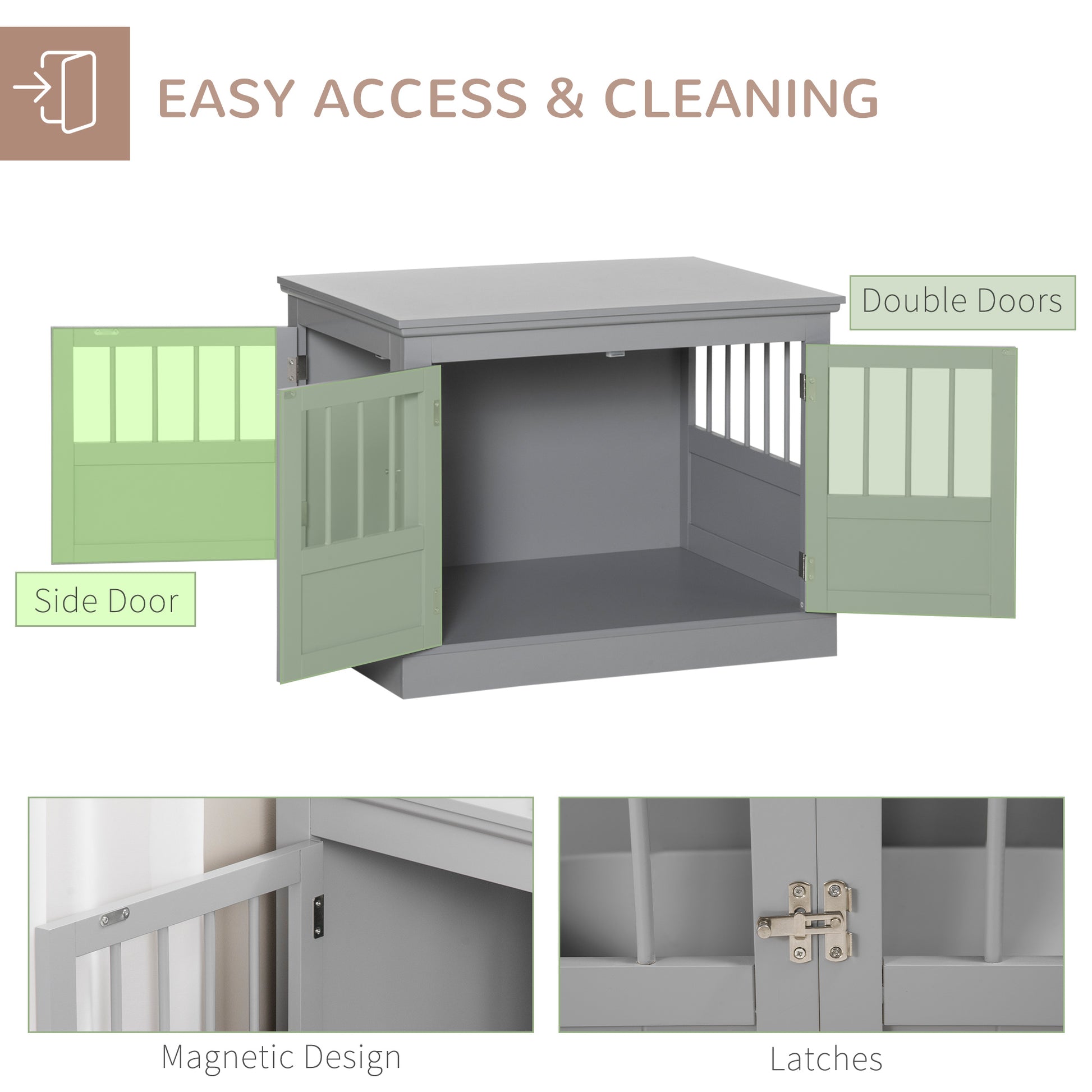 Gray wooden dog crate with double doors and side door emphasizing easy access