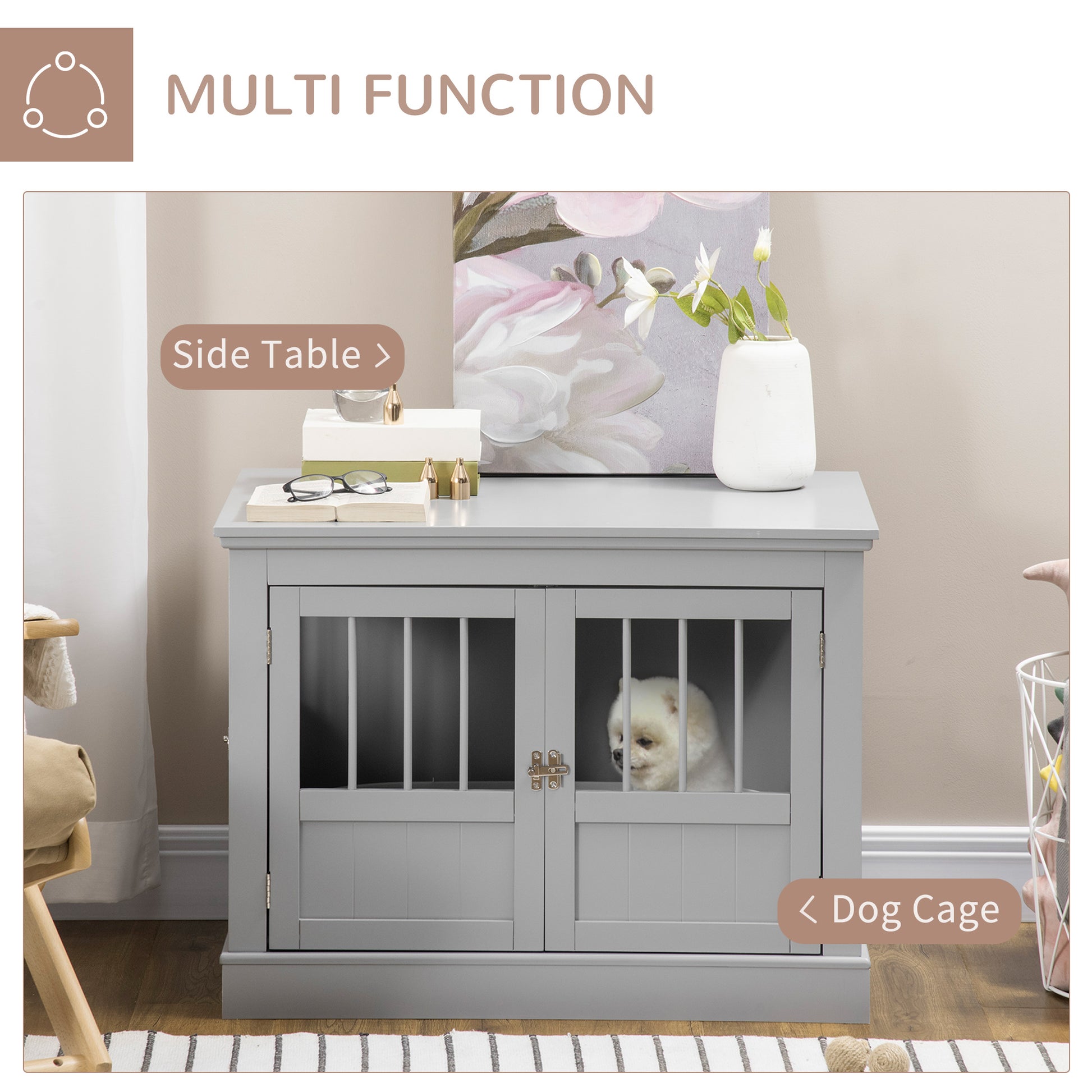 Gray wooden dog cage with two doors doubling as a multifunctional side table