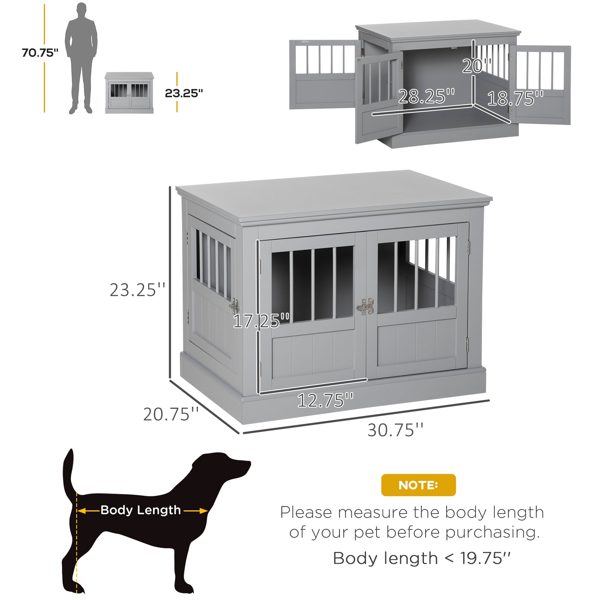 Gray wooden dog crate with double doors and detailed dimensions